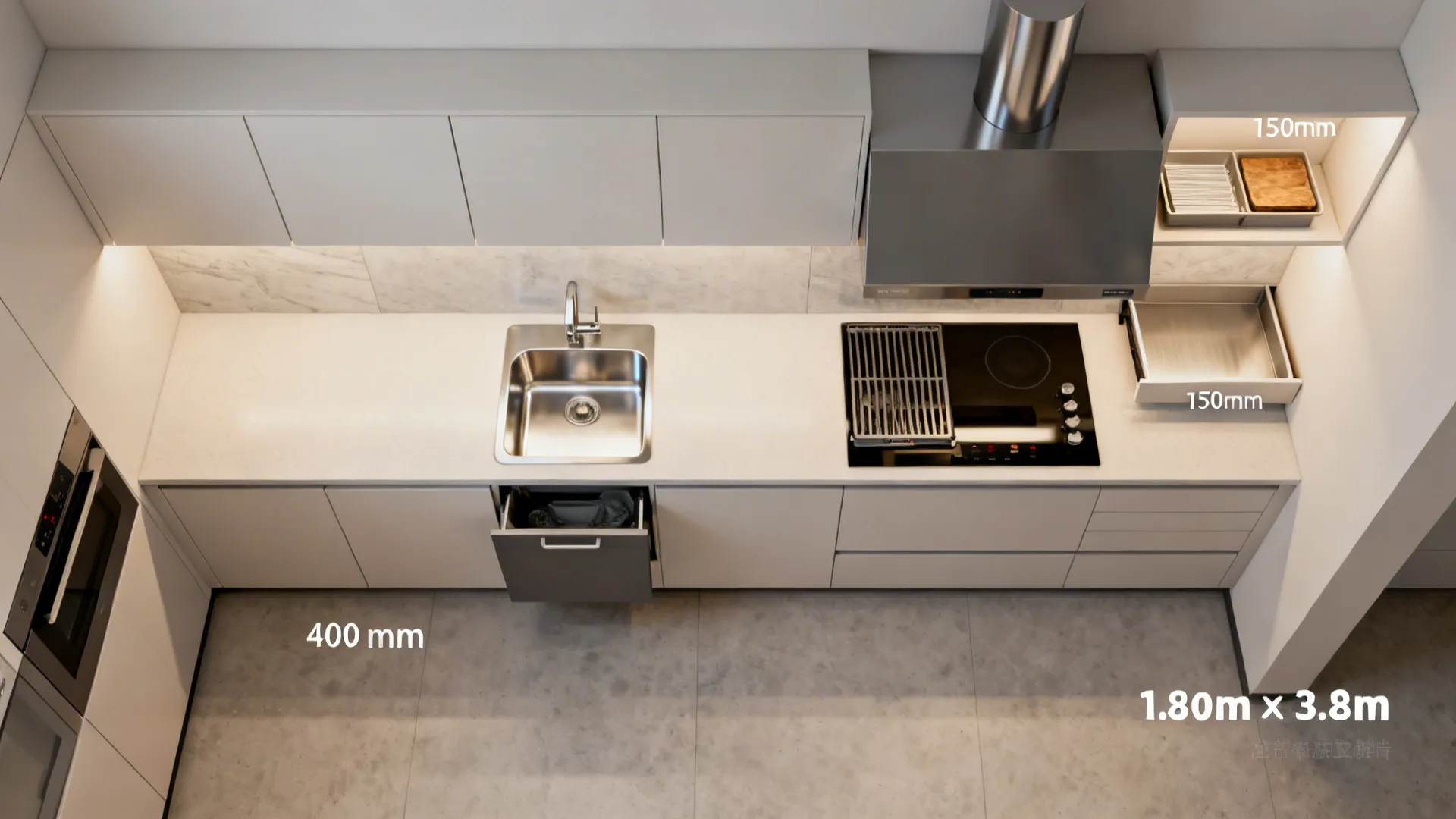 Top-down plan of a 1.8 by 3.0 meter galley kitchen with an induction grill under a ducted hood.