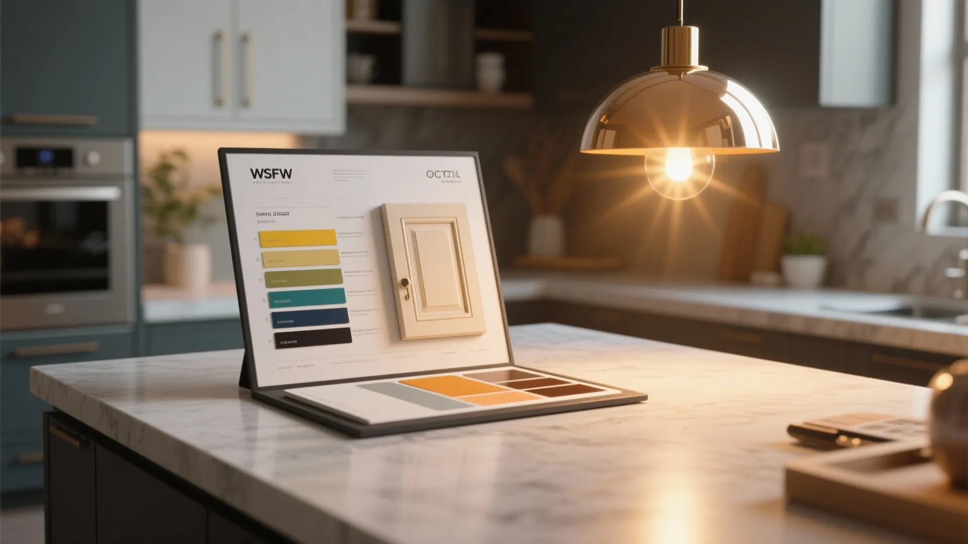 Designer sample kit with paint swatches and cabinet sample shown under different lighting conditions.