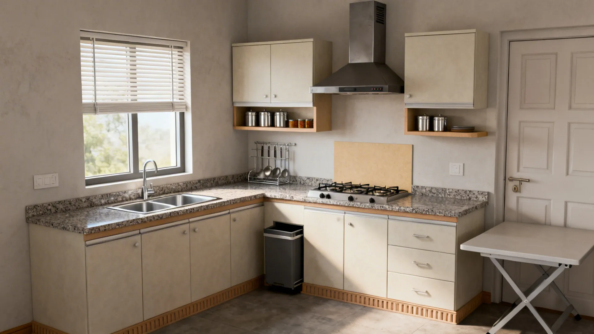 Complete L-shaped village kitchen with deep sink, exhaust fan, open ledge, PVC shutters, and fold-down table.