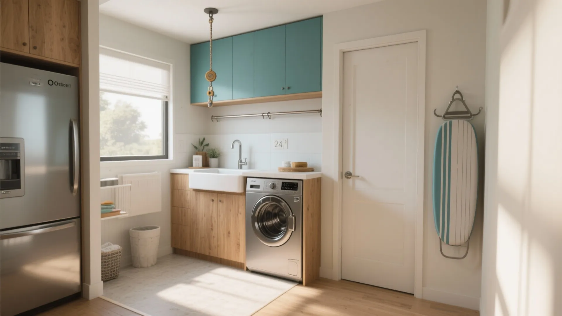 Bright laundry room featuring a washing machine under wooden cabinets with a white sink nearby