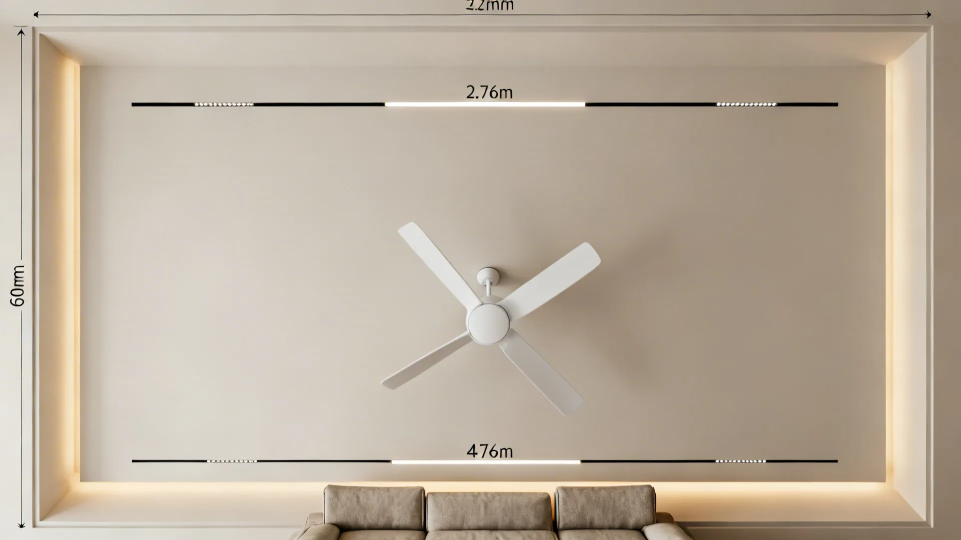Ceiling plan showing perimeter cove, centered 44-inch DC fan, and slots outside the blade sweep.
