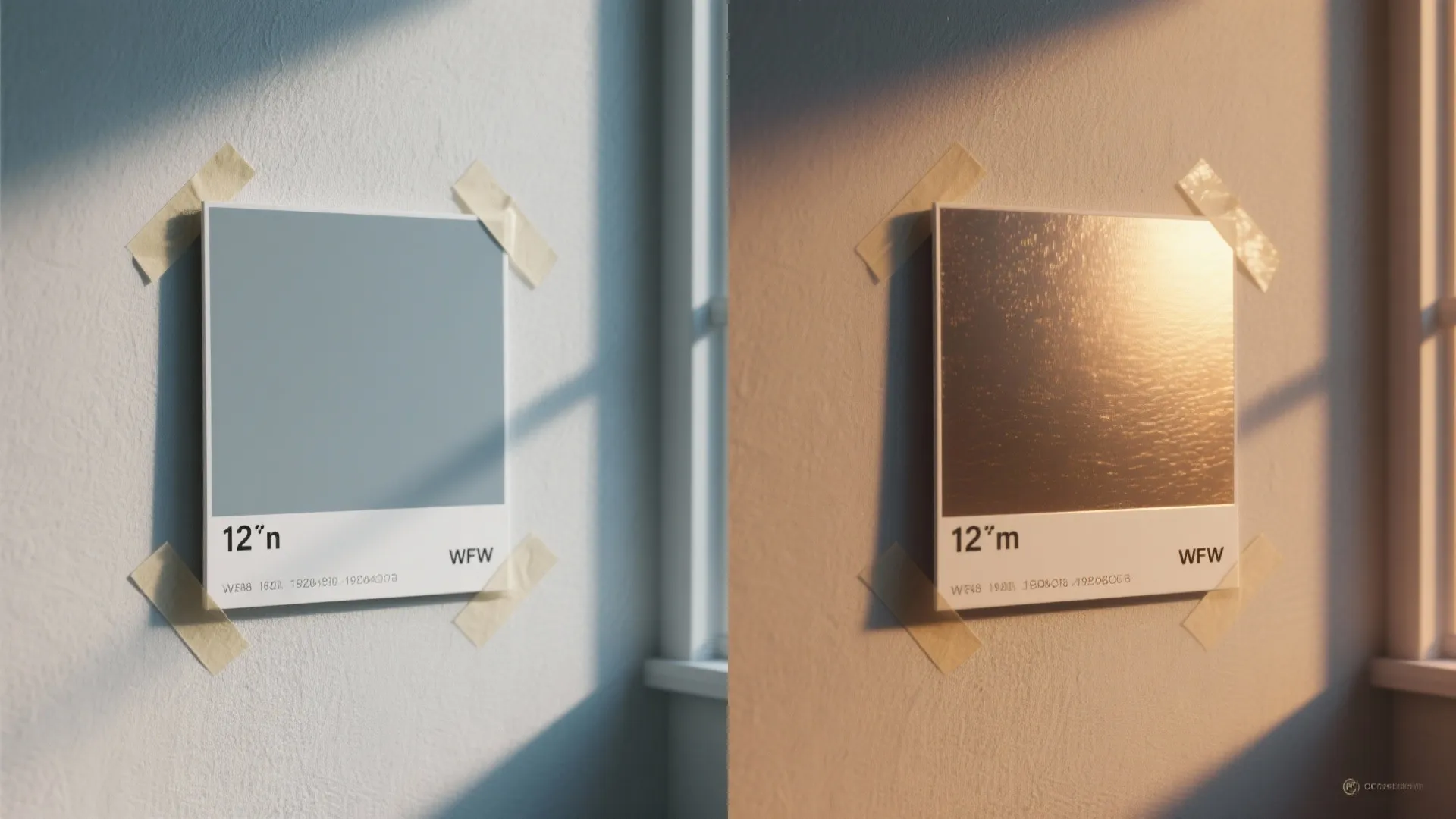 Split image of a paint sample on a wall showing color and sheen shift between morning and evening light.