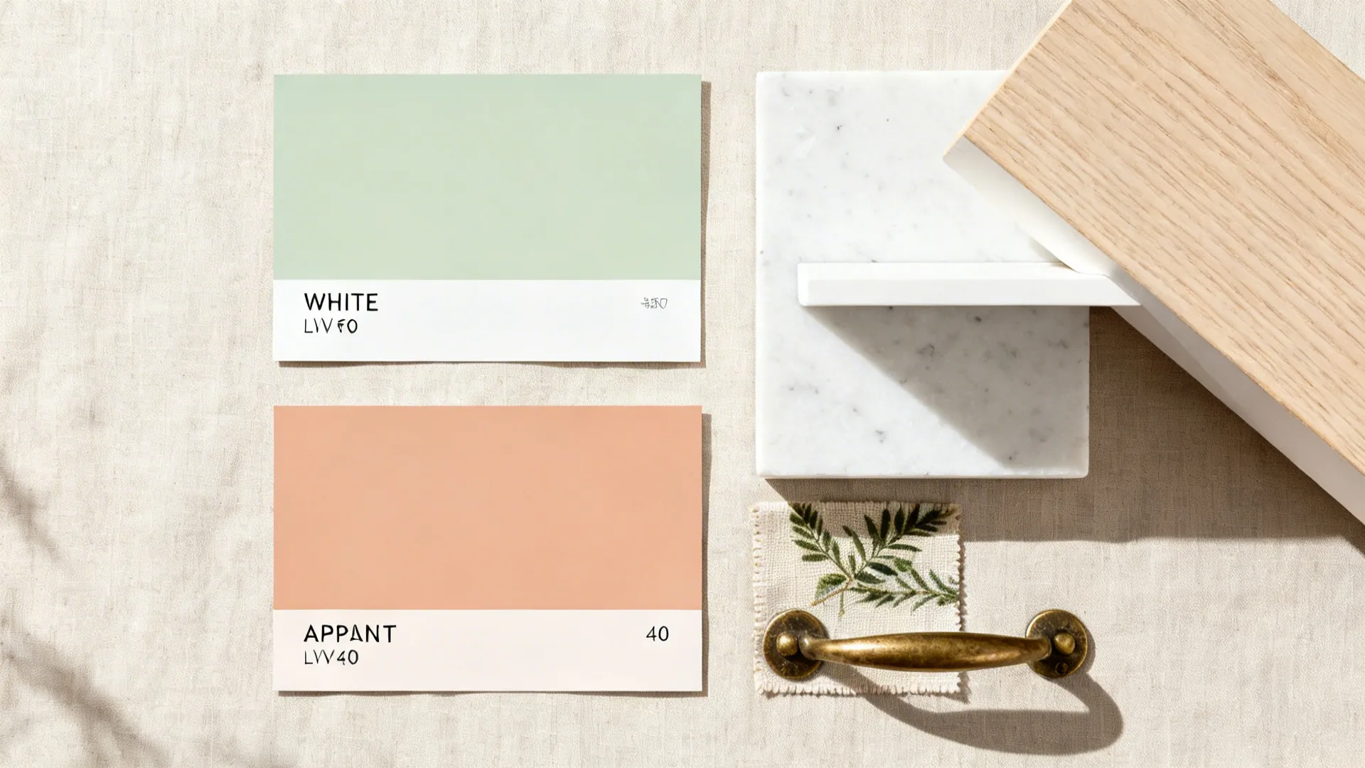 Palette flat lay with sage and apricot paint cards, oak, quartz, brass, and botanical textile.