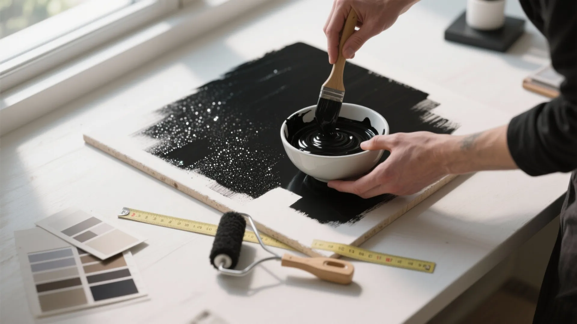 Top-down view of hands mixing paint and glitter to create a 60x60cm sample board on-site.