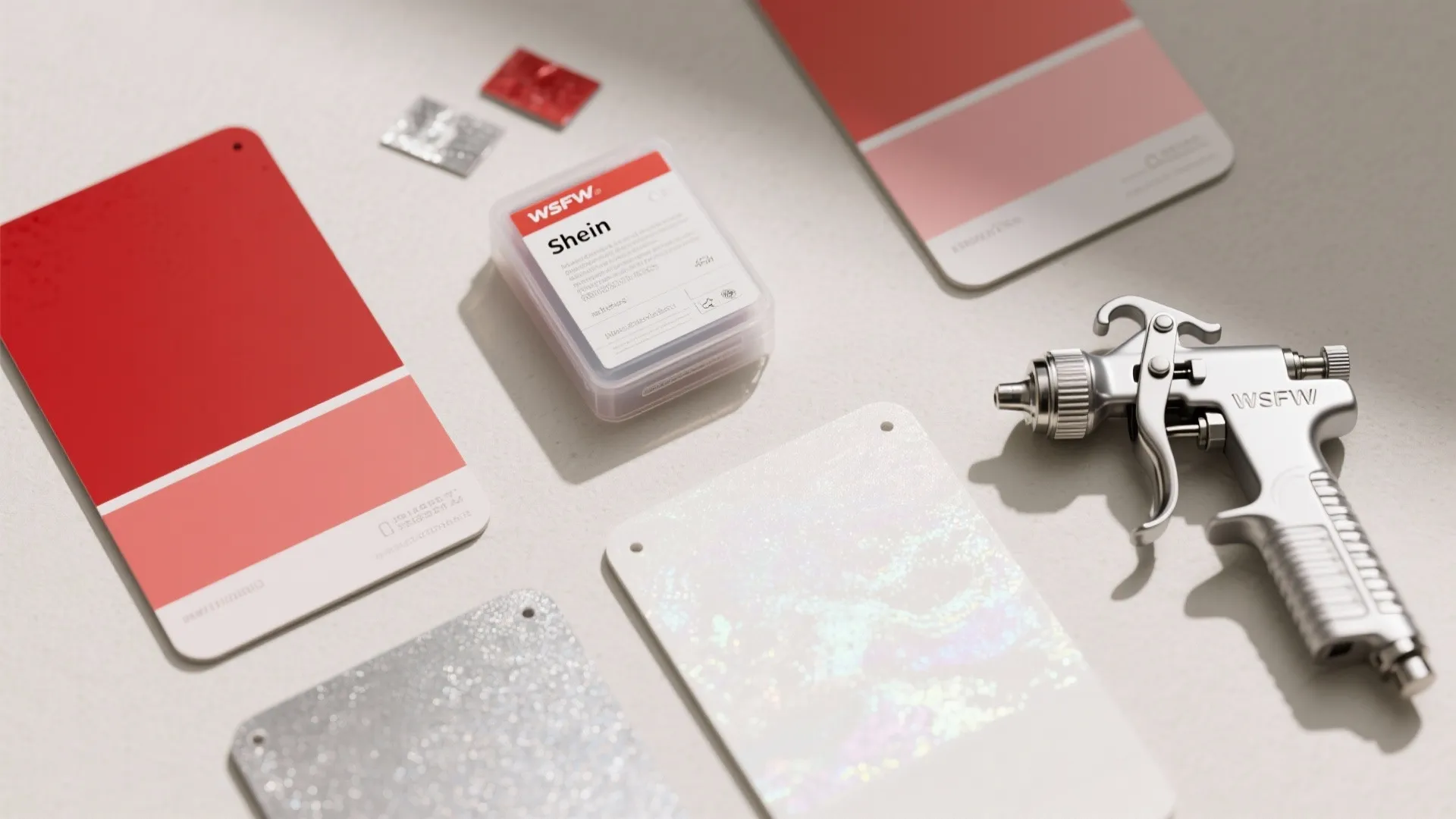 Flatlay of sample panels, touch-up pigments, and swatches for testing car-like finishes.