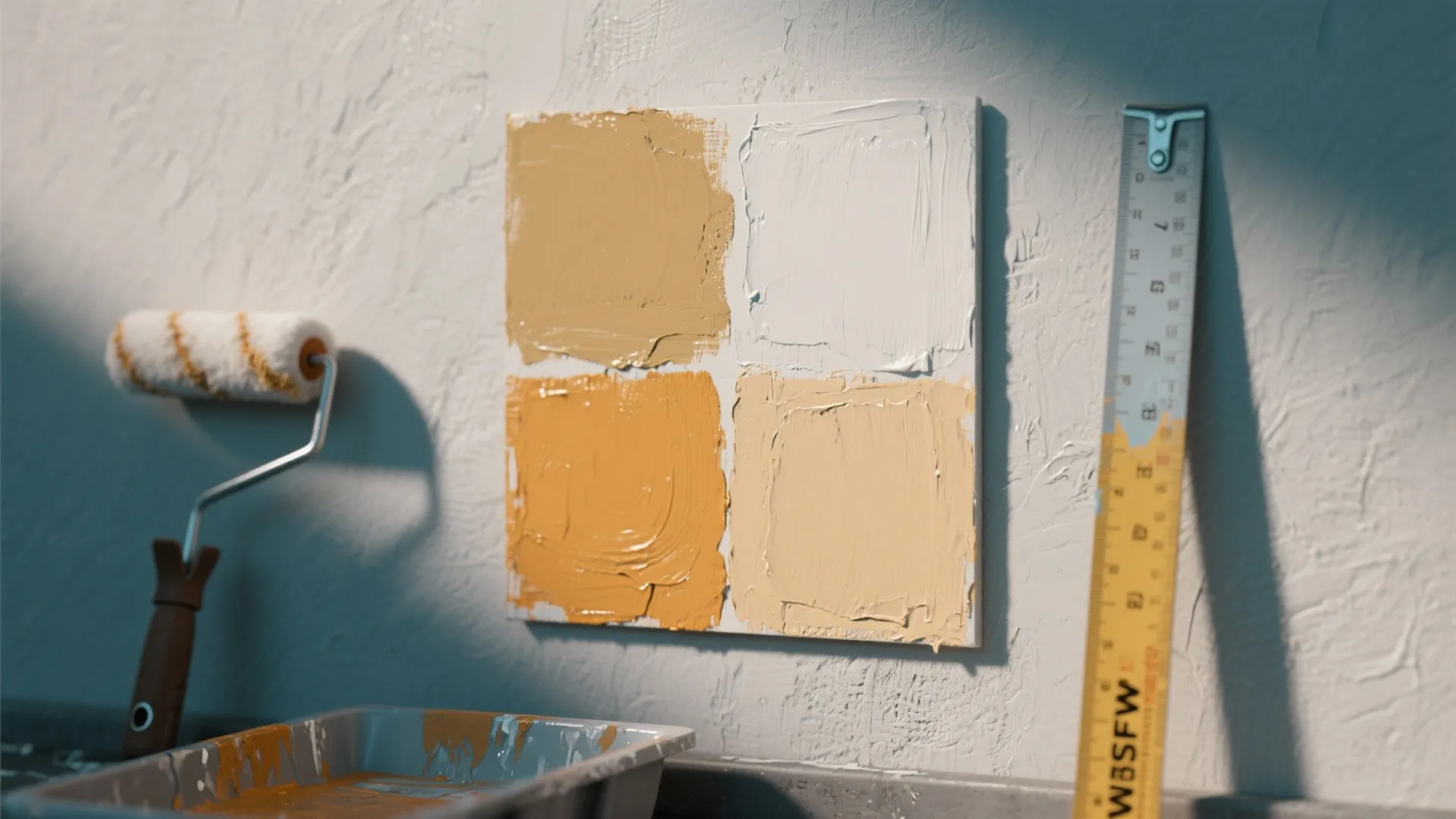 Wall with four paint color patches next to a roller tray and a yellow ruler