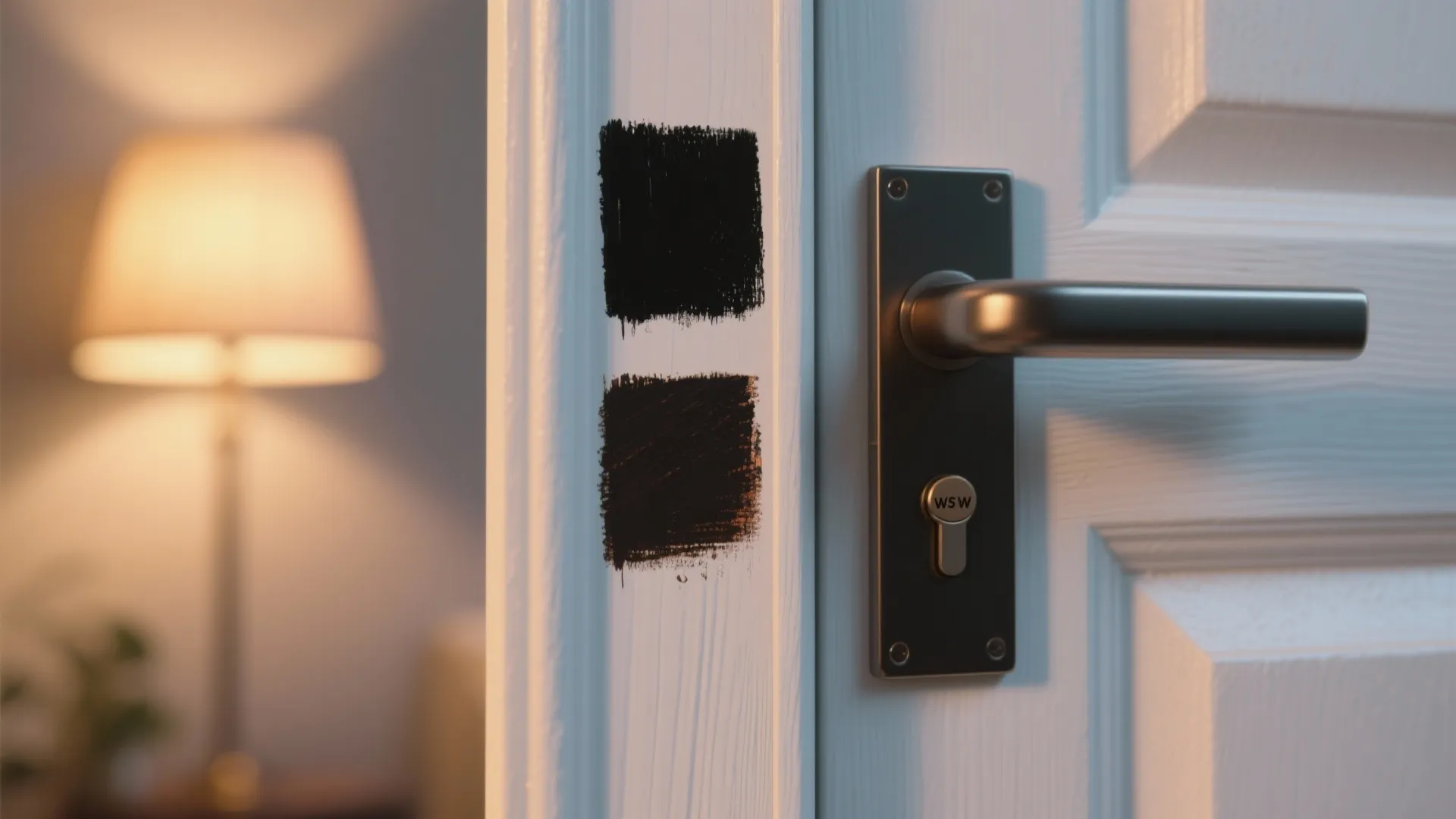 Close up of white door showing black paint color patches next to metal door handle