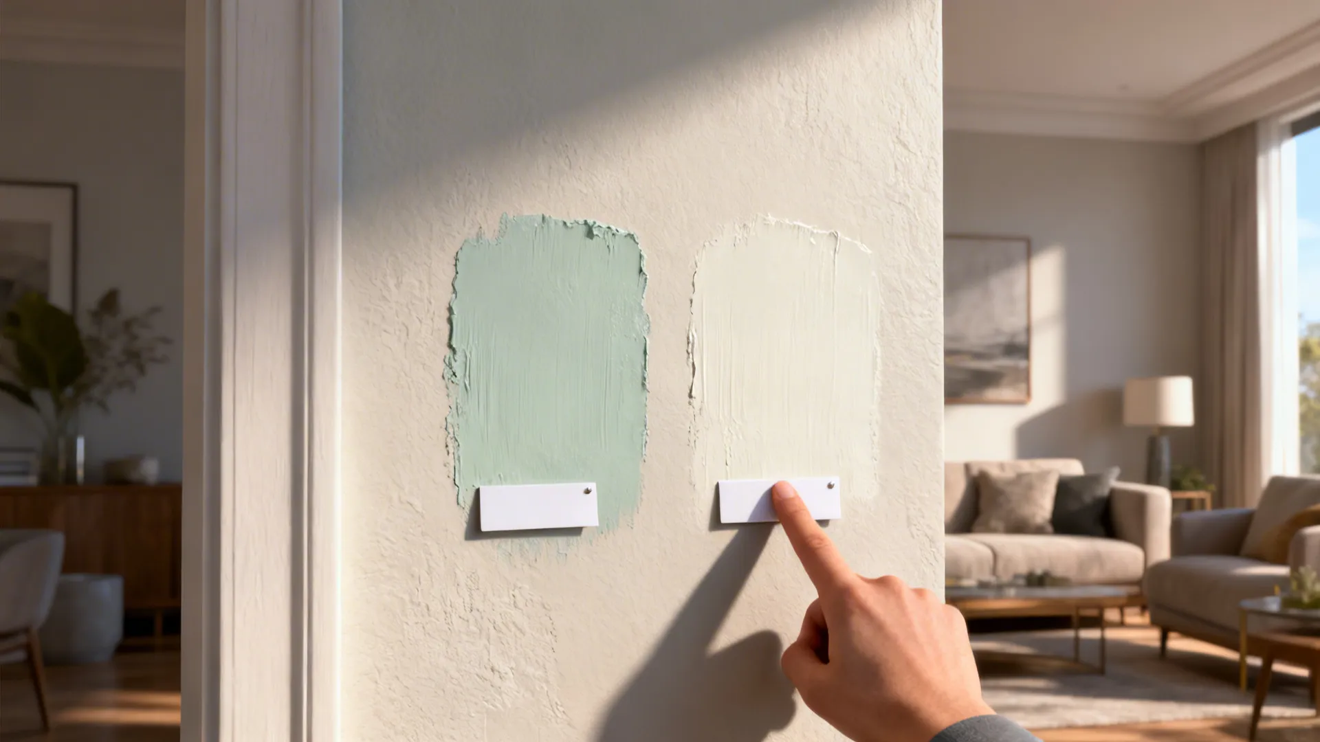 Paint sample patches of satin and eggshell on a living room wall under natural light.