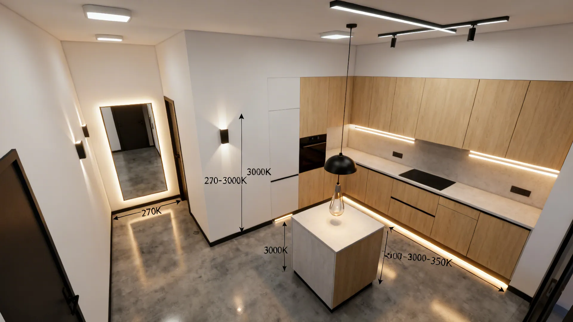 Top-down layout of hall and kitchen with ambient, task, accents, pendant, and toe-kick lighting annotated.
