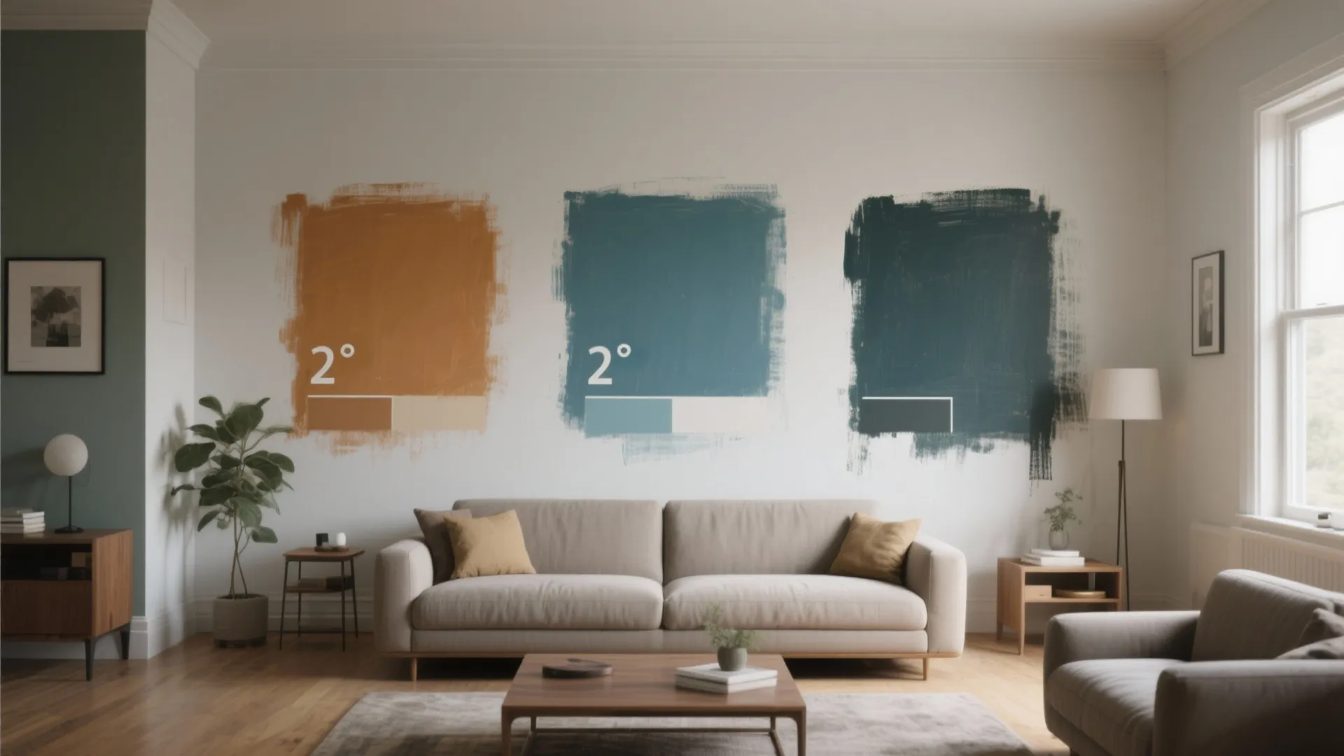 Modern living room with three large paint color tests on the wall above a sofa