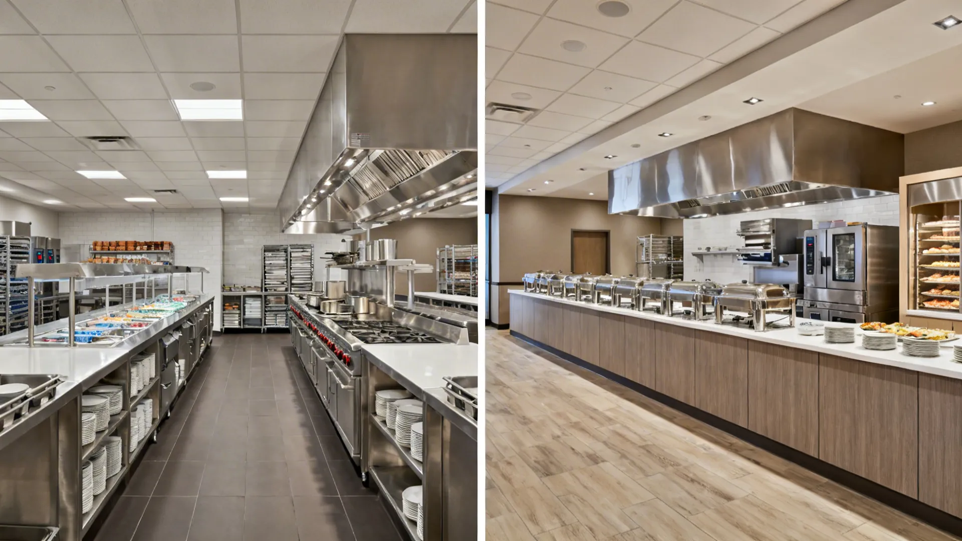 Professional commercial kitchen with stainless steel equipment and long buffet counter with warm wood flooring
