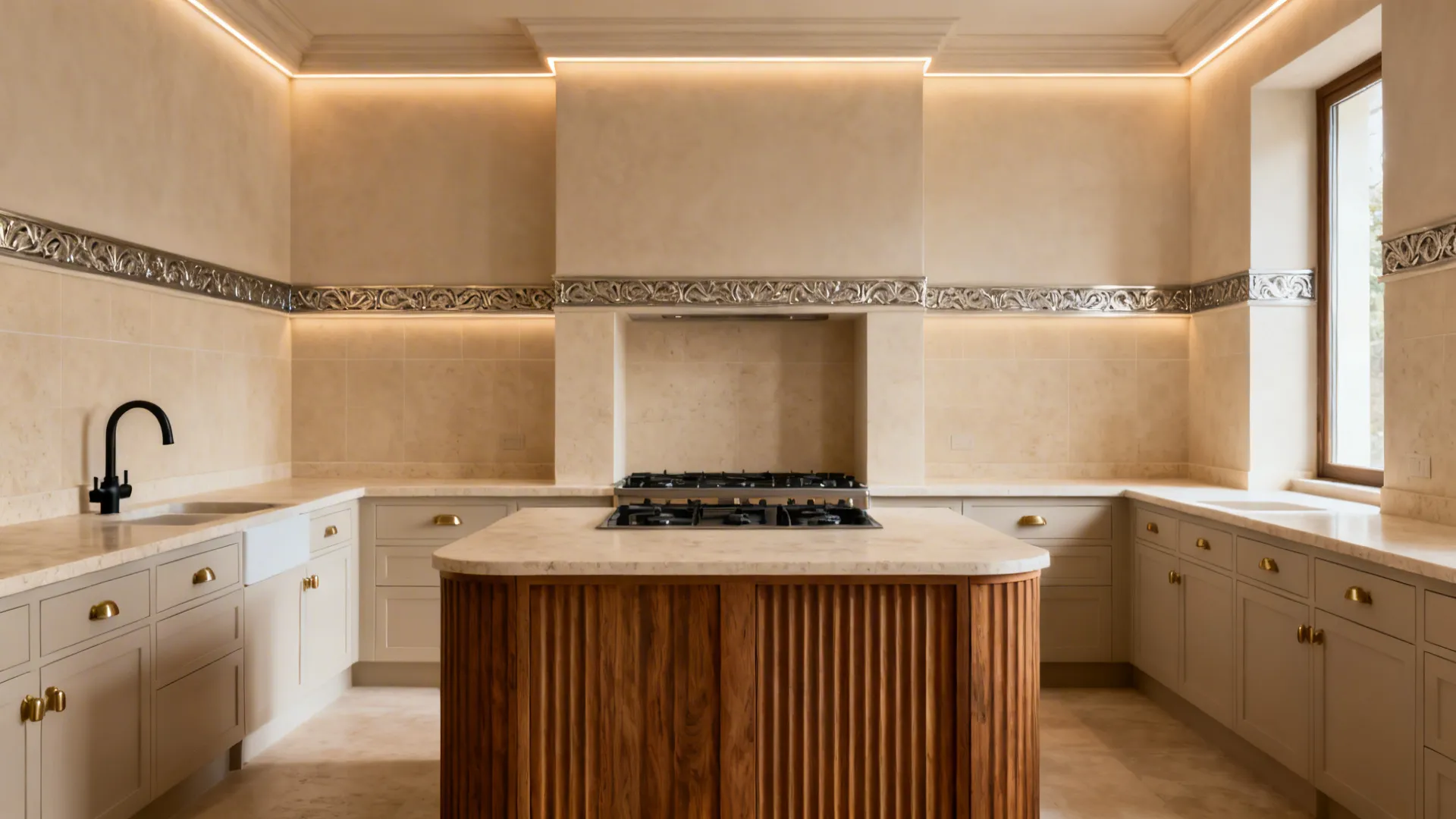 Luxury kitchen featuring a wood island with white cabinets and decorative silver wall panel trim