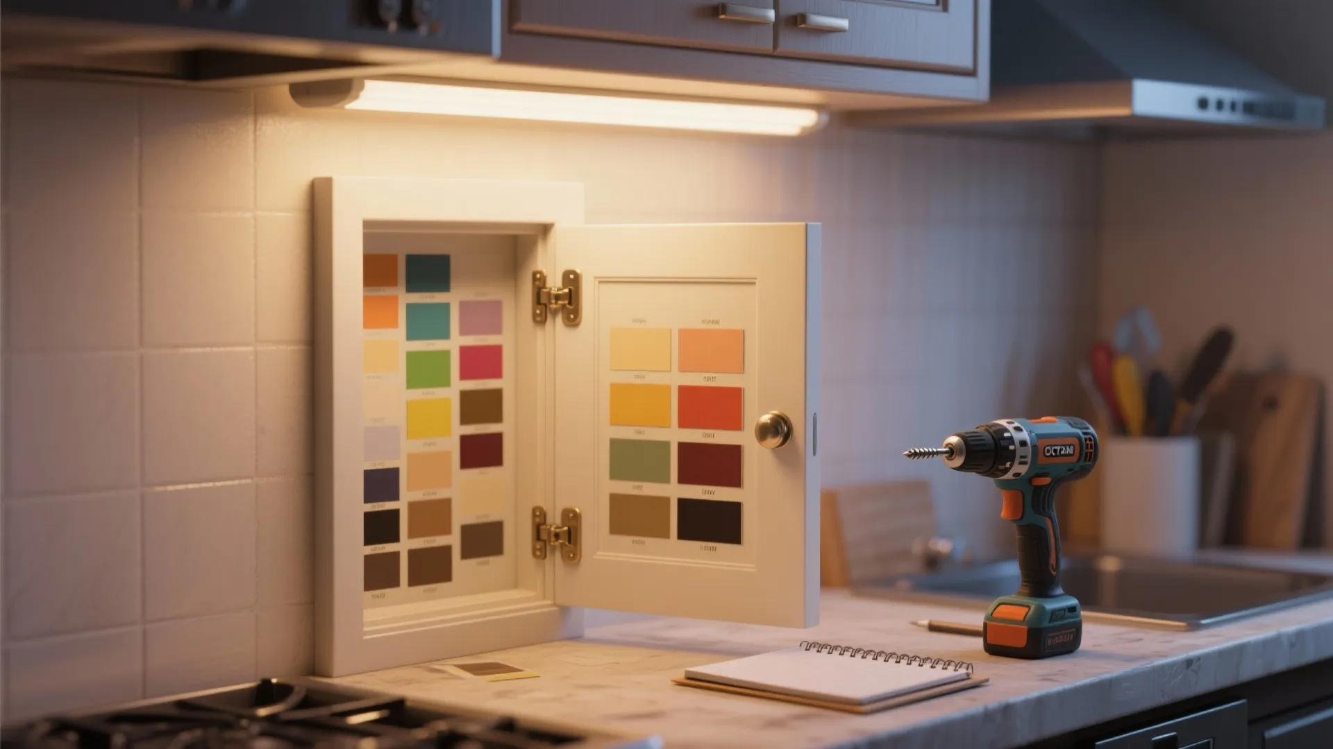 Kitchen counter with a power drill and a small cabinet door showing many colorful paint swatches