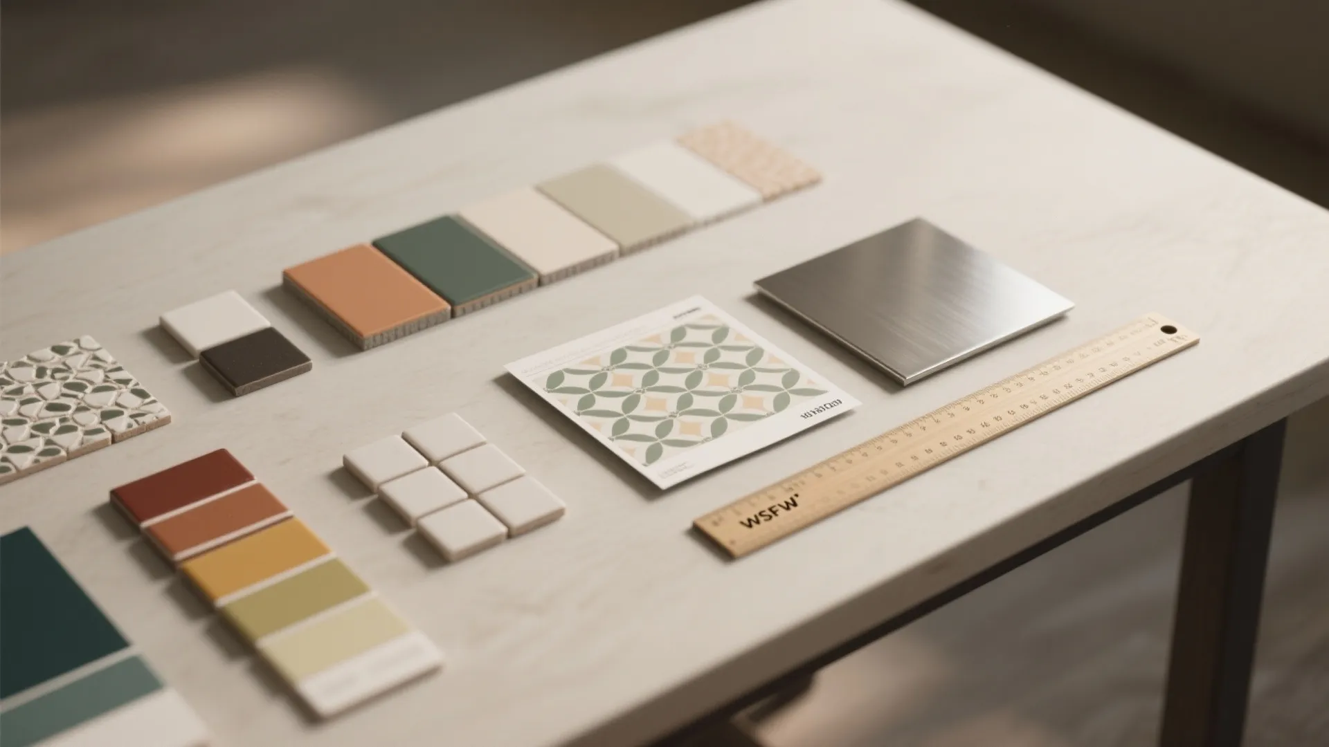Interior design material samples including tiles metal plate and wooden ruler on a white table