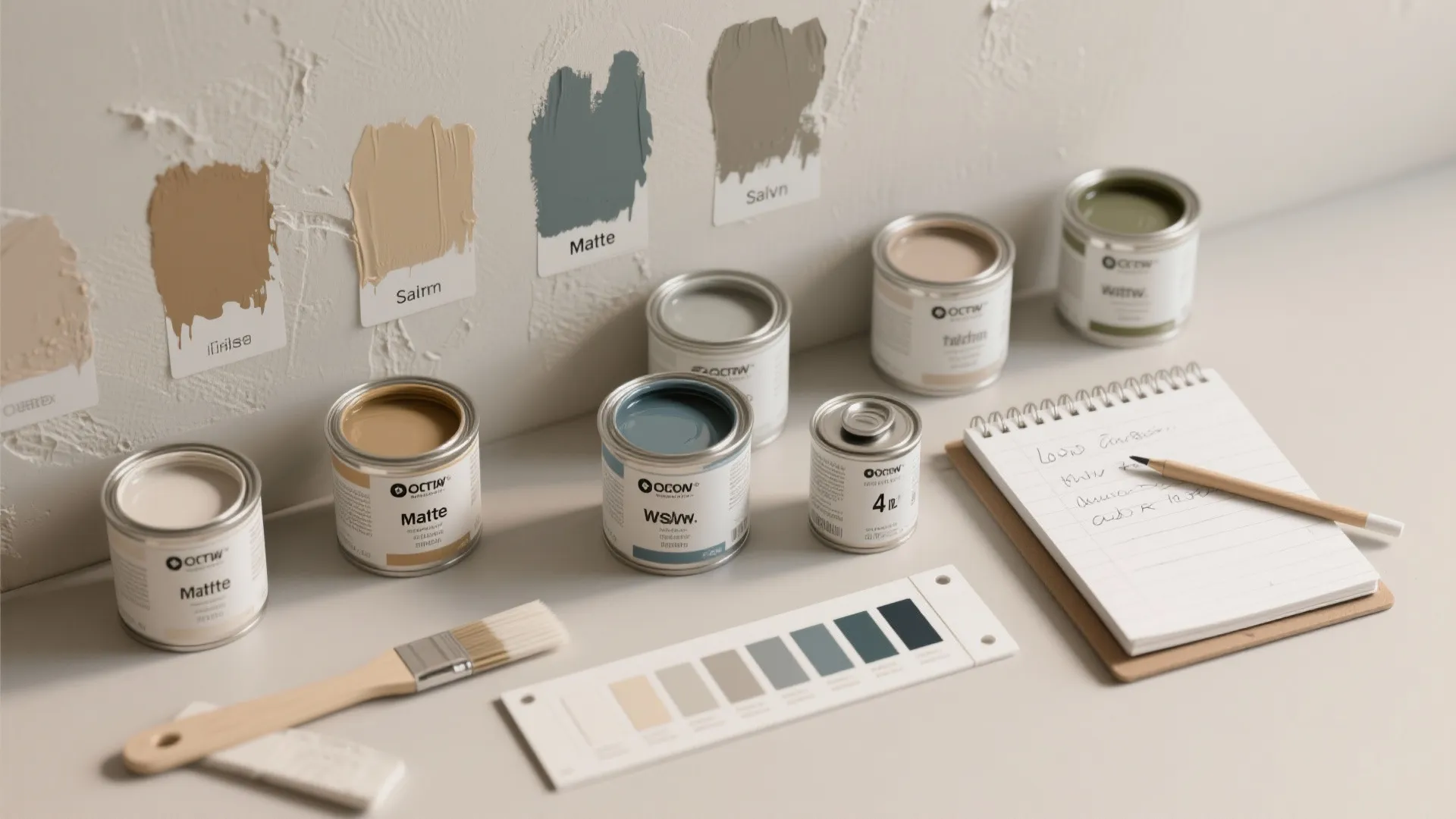 Paint cans and color samples on table with brush and notebook for room wall painting
