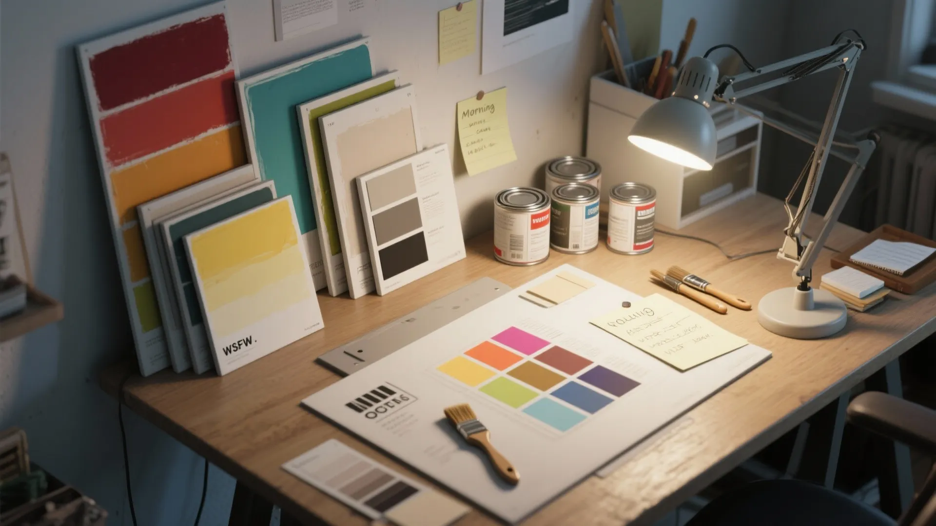 Interior design desk with paint cans color cards brushes and a desk light fixture illuminating workspace