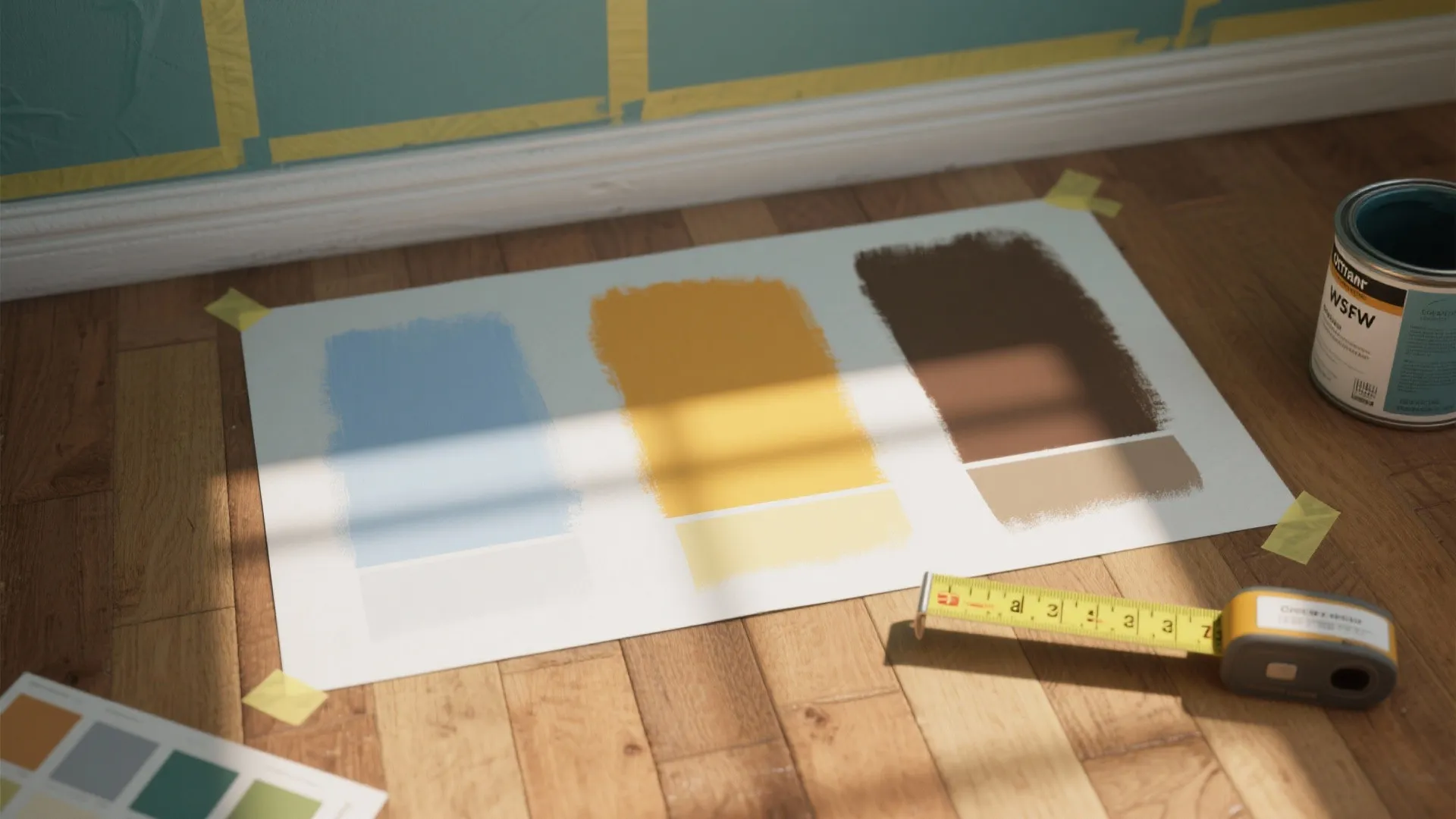 Paint color swatches on paper with tape, measuring tape, and paint can on wooden floor