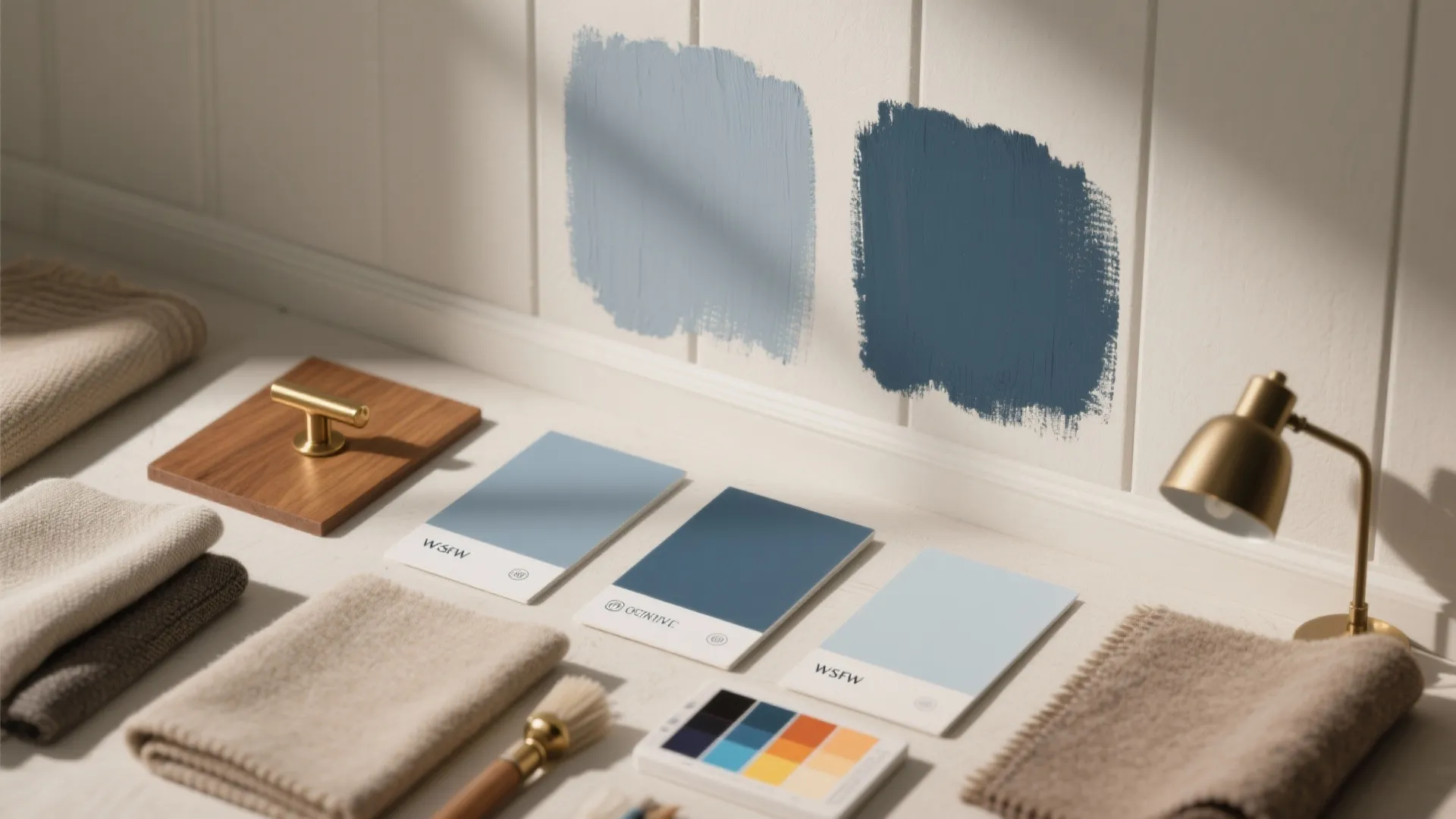 Flatlay of blue-grey paint chips, large sample patches, wood and fabric swatches and brass samples for testing undertones.