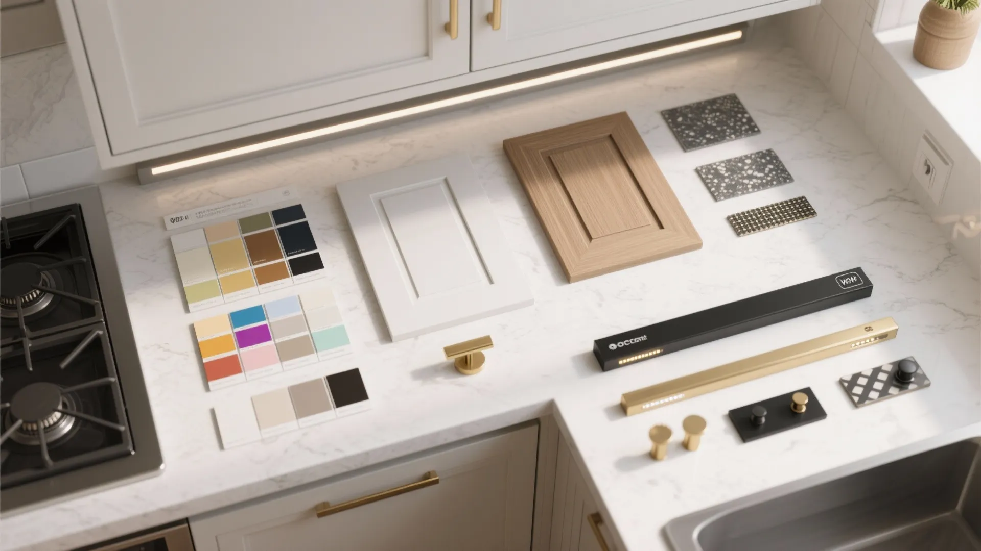 Top-down test layout of paint swatches, cabinet sample, countertop chip and hardware
