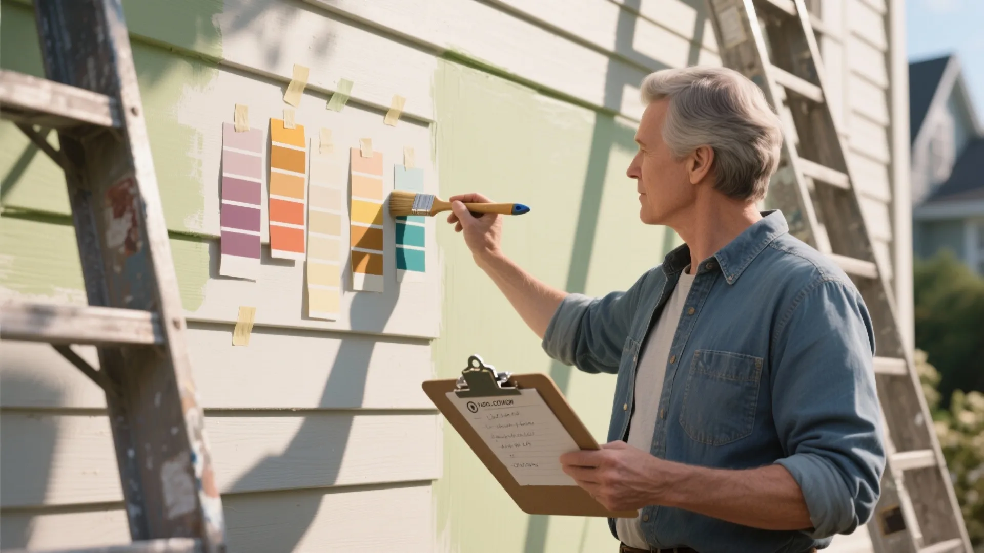 Man holding a clipboard while testing different paint color samples on a light green wall