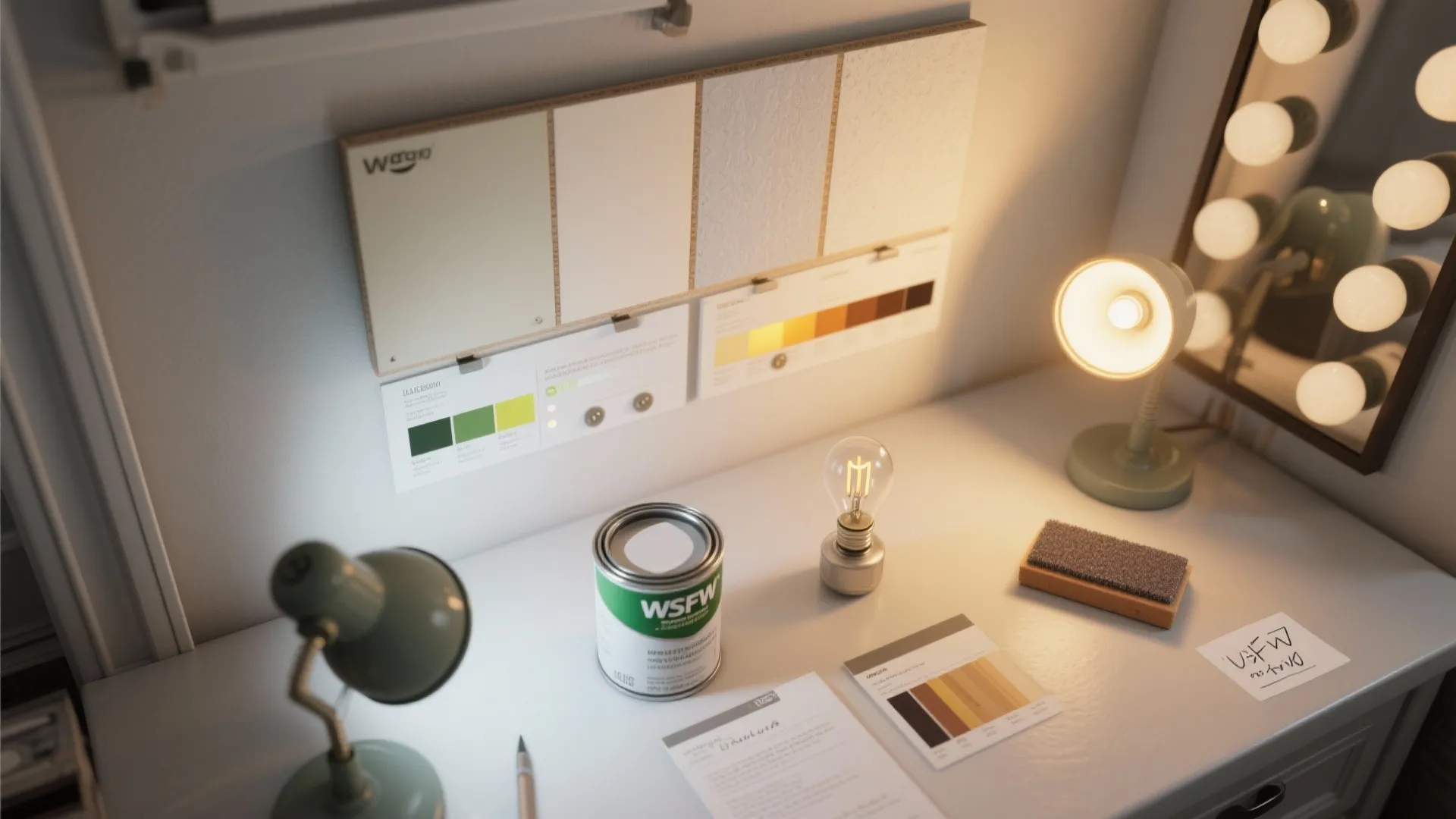 Work desk with paint can plus color swatches and table lamps for interior design planning
