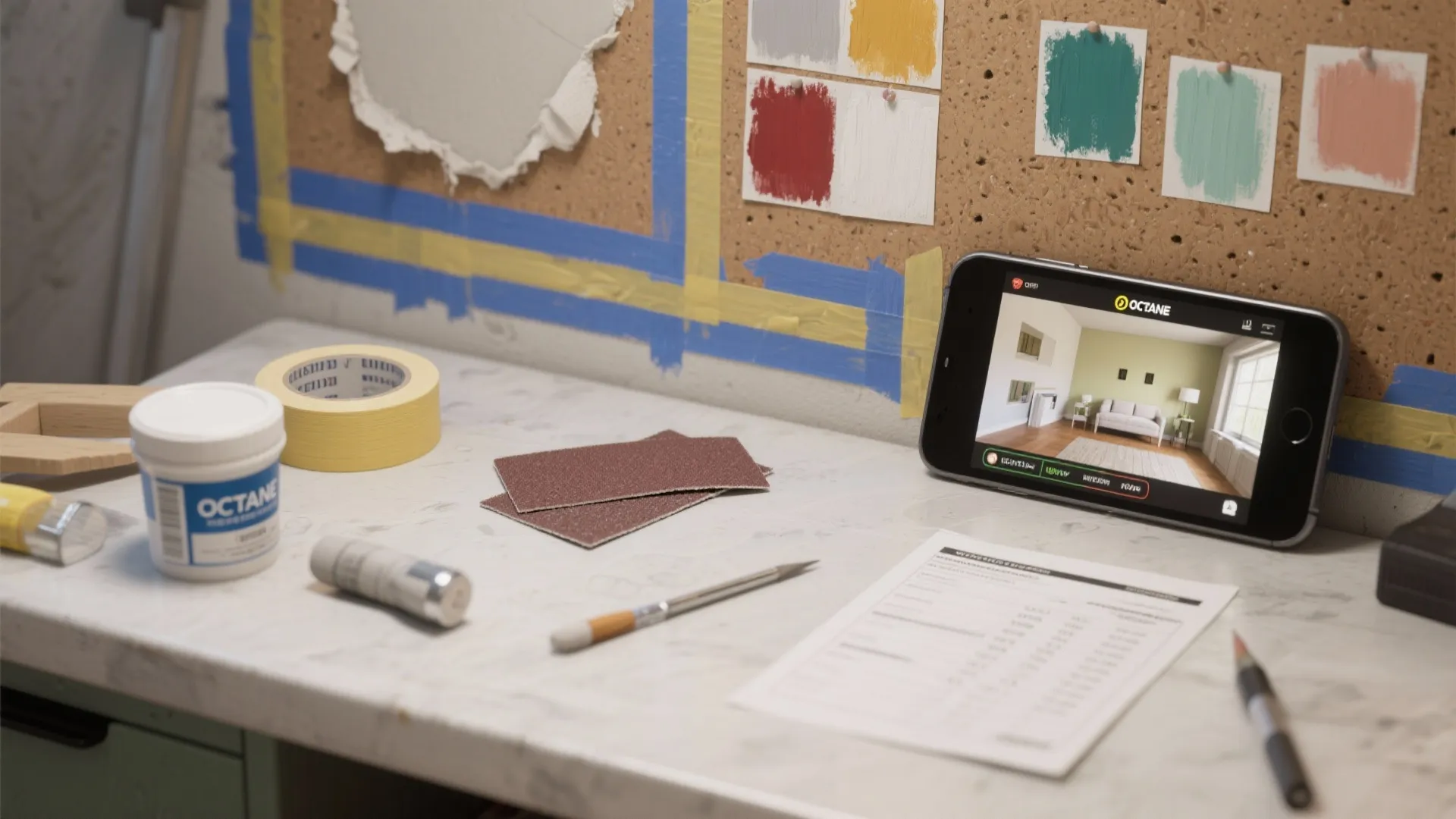 Desk with paint samples and sandpaper next to a phone showing a living room design
