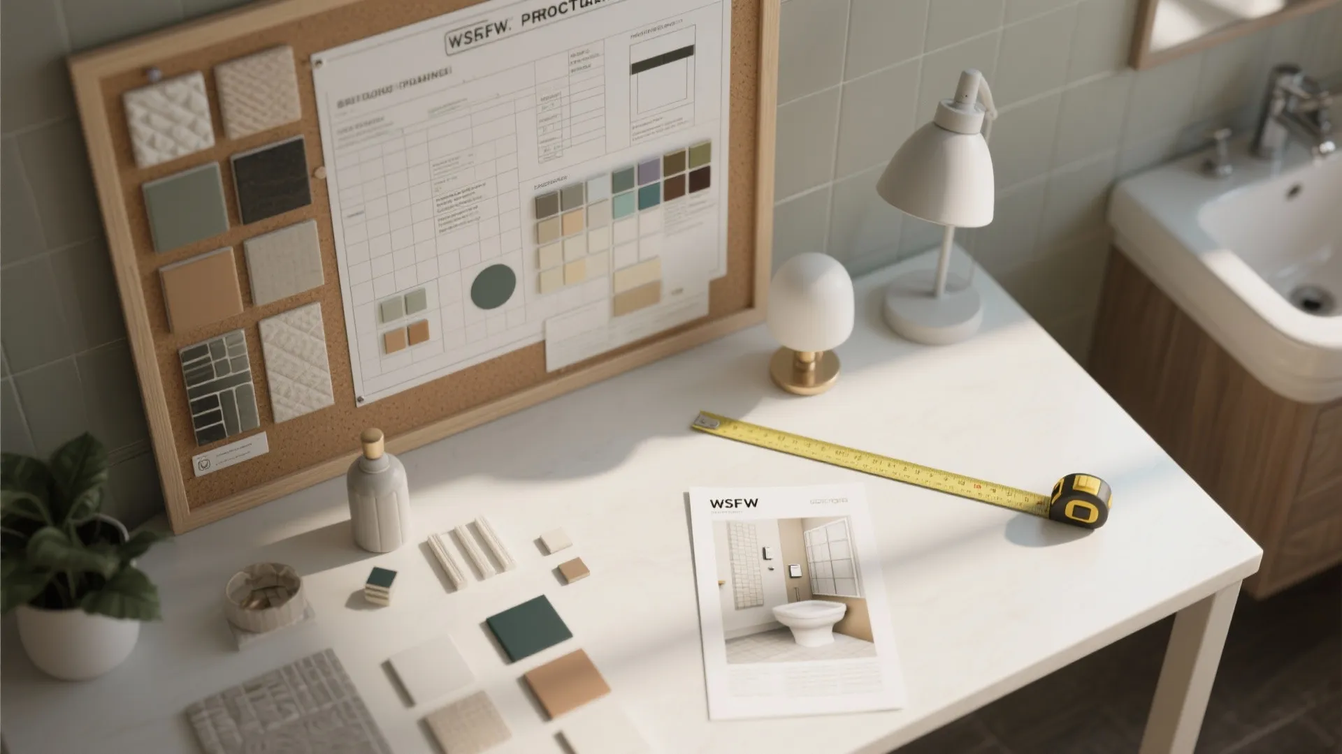White desk with mood board tile samples measuring tape table lamp and bathroom sink nearby