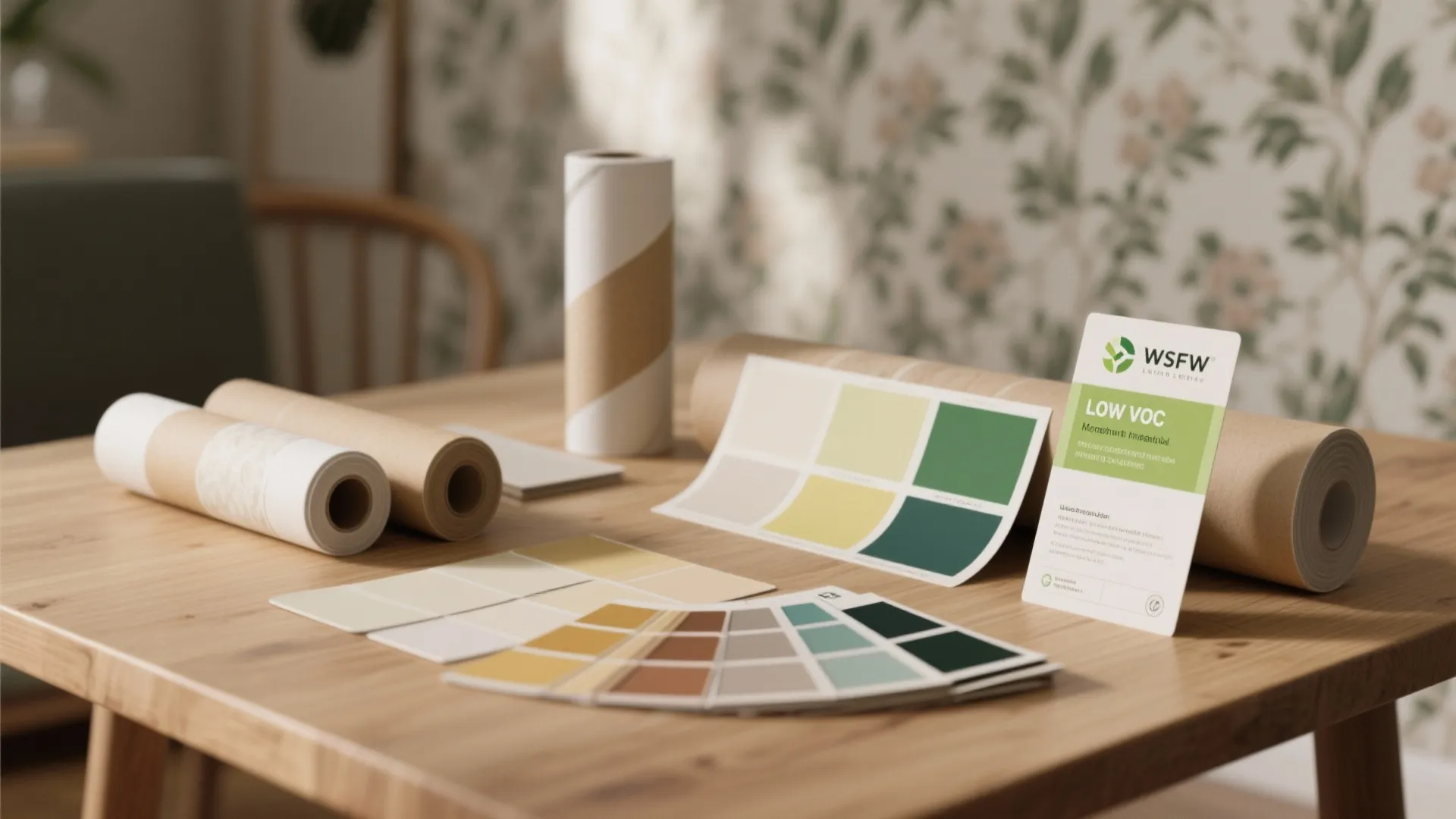 Eco friendly material samples on wooden table with color swatches and rolls of wall paper
