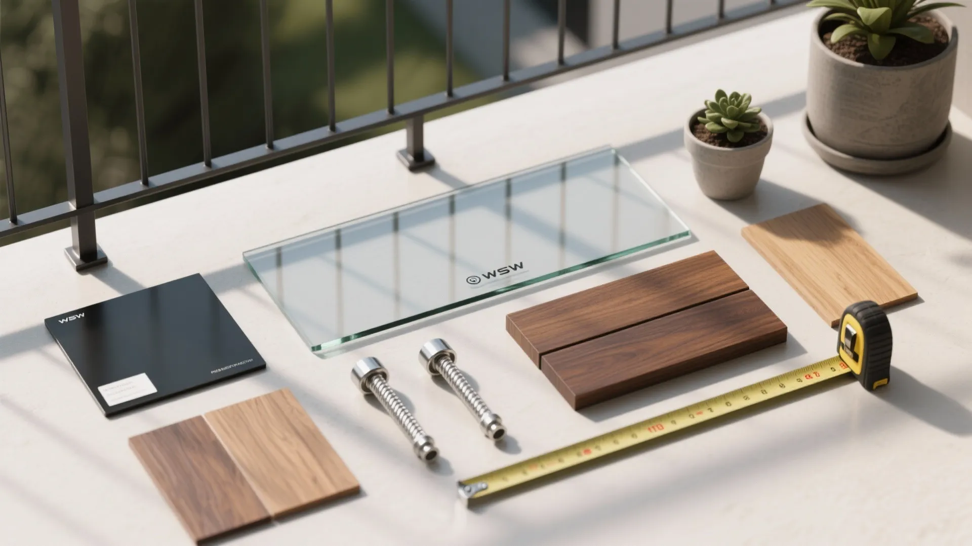 Interior design material samples including wood glass metal and a yellow measuring tape on table