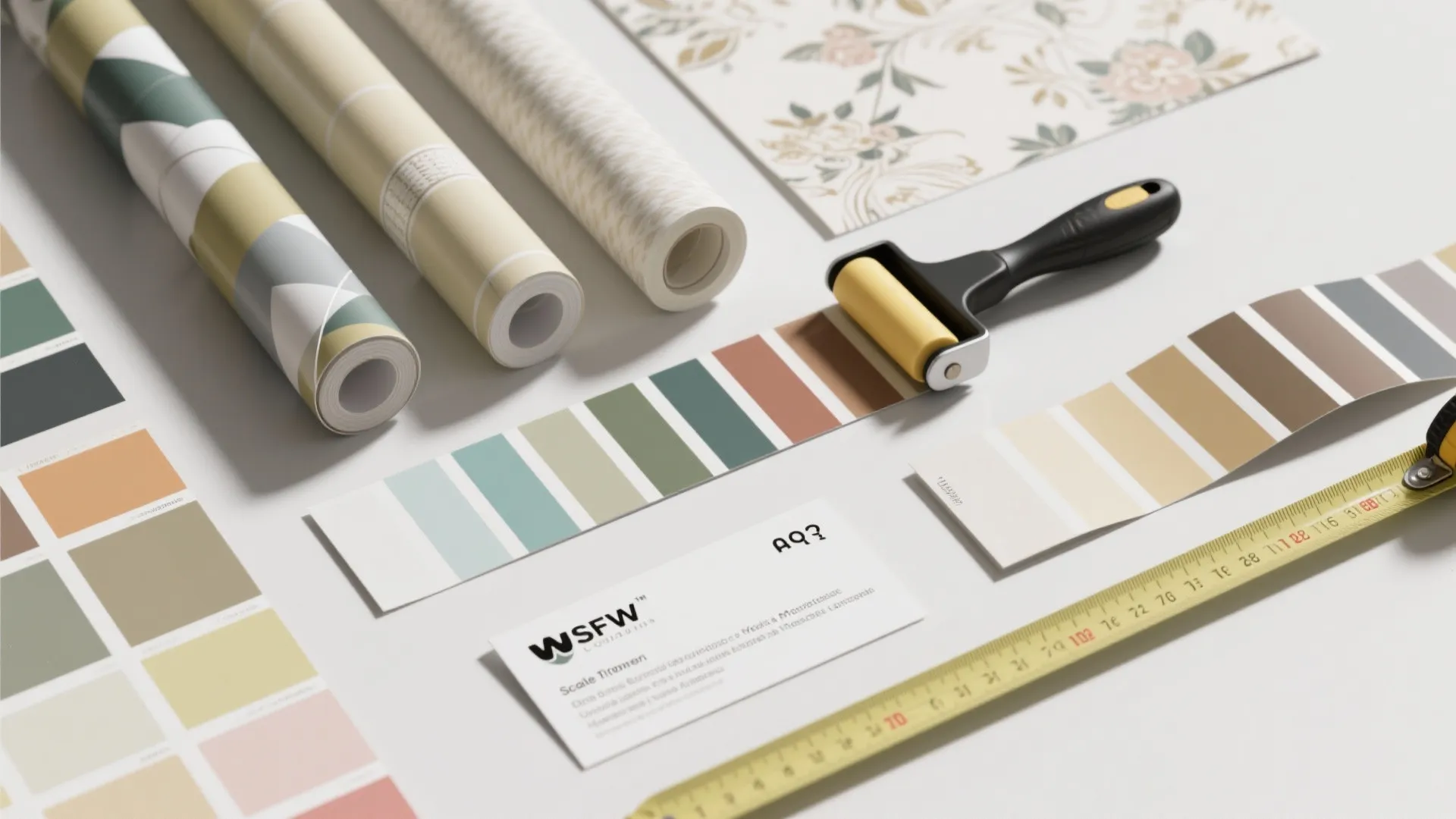Interior design materials with wallpaper rolls color palettes paint roller and yellow measuring tape table