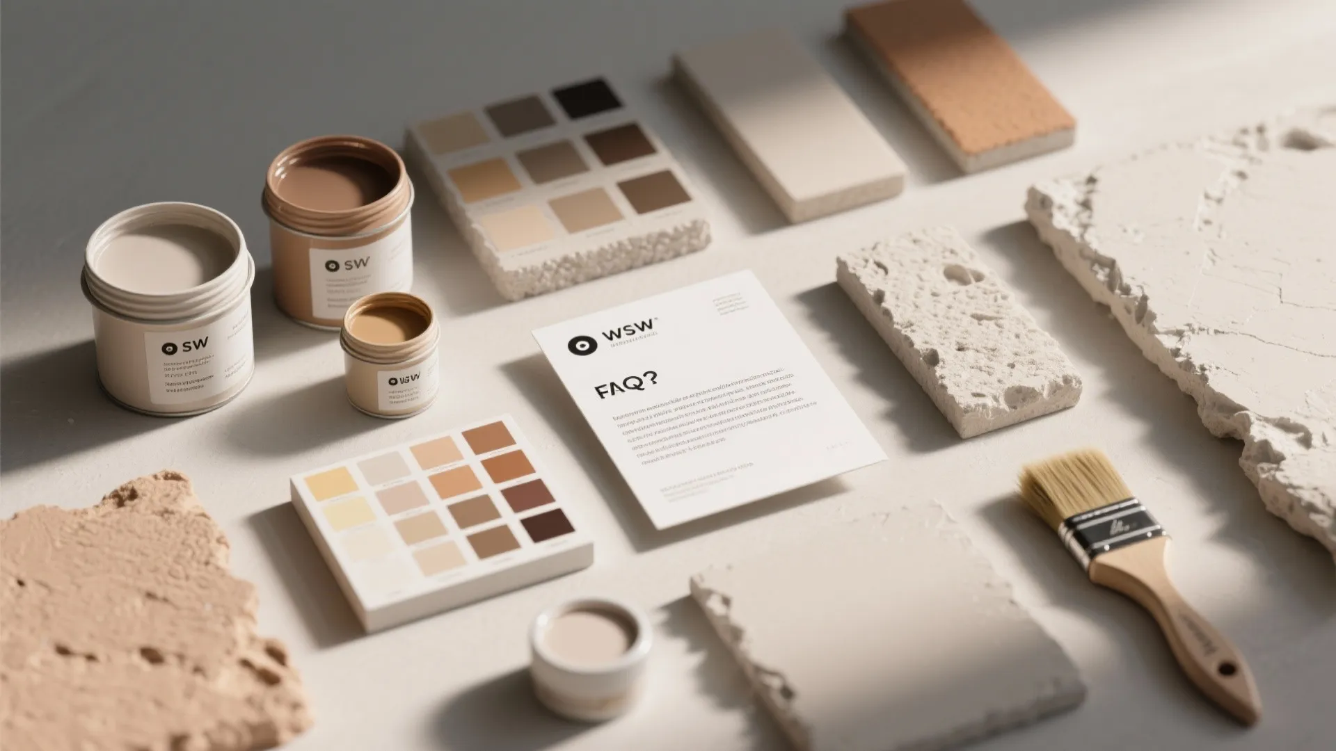 Paint cans with color palettes and stone samples next to a paintbrush and white paper