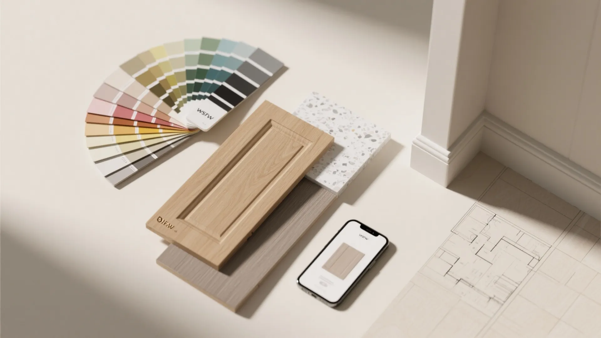 Interior design materials including color fan deck wood cabinet door sample and phone with app