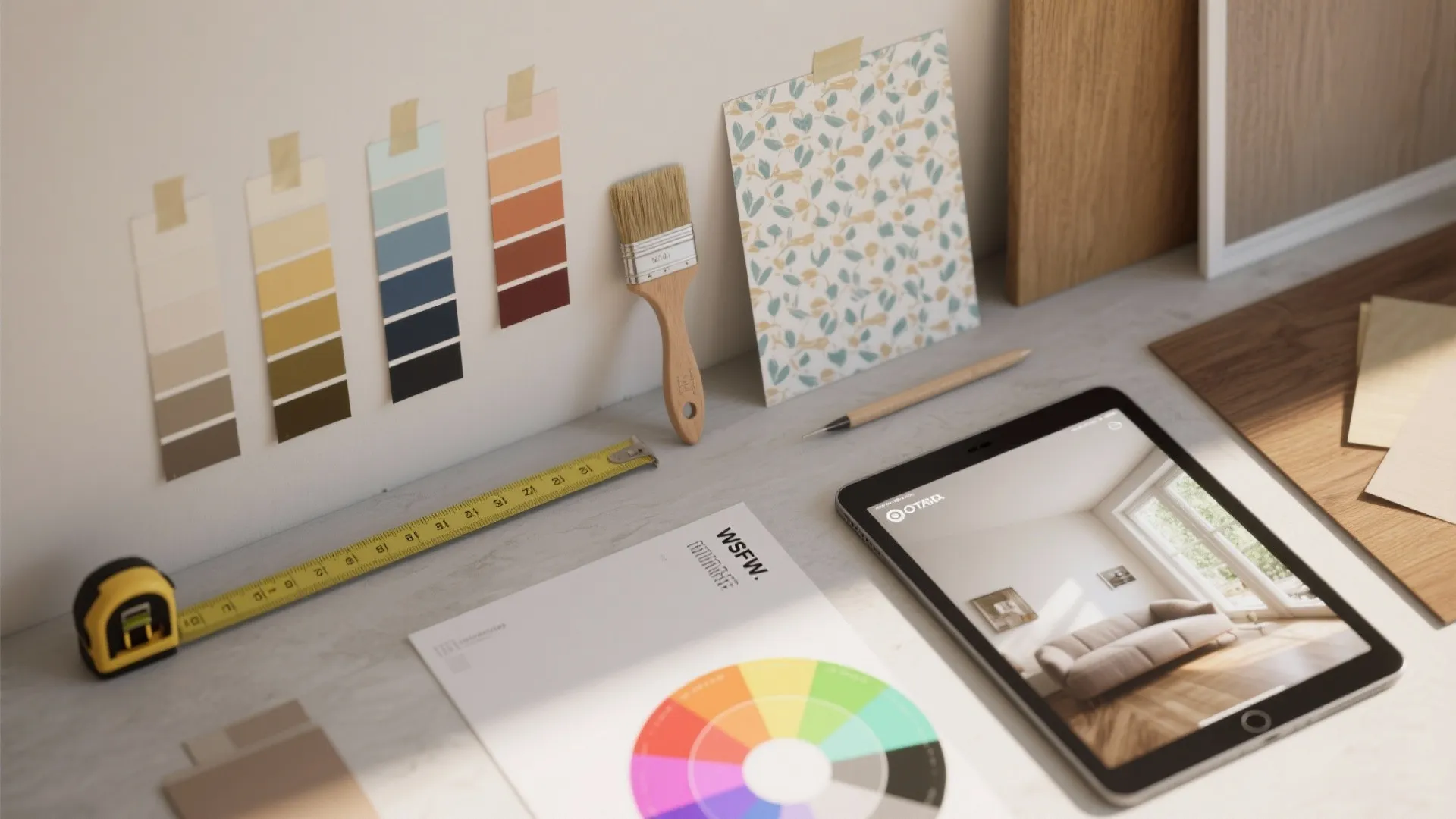 Flatlay of paint swatches, wallpaper sample, measuring tape and a tablet mockup for testing feature wall ideas.