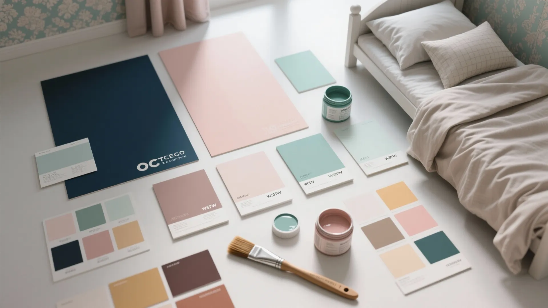 Top-down flatlay of paint swatches, wallpaper samples and sample pots for accent wall planning.