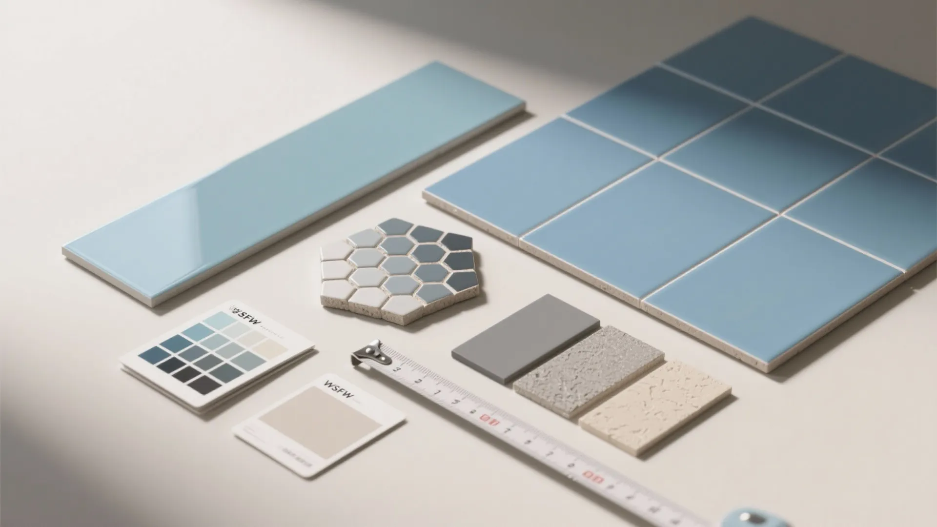 Interior design material board with blue tiles color swatches and a tape measure on table