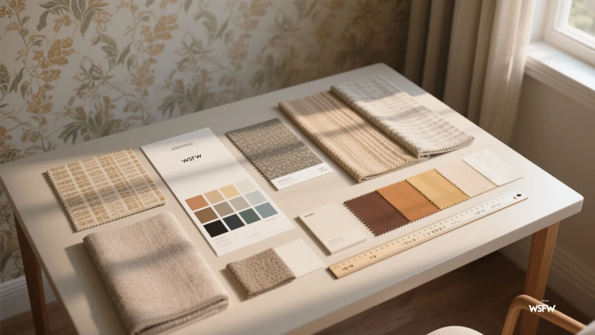 Interior design mood board on white table with fabric samples, color cards, and wooden ruler