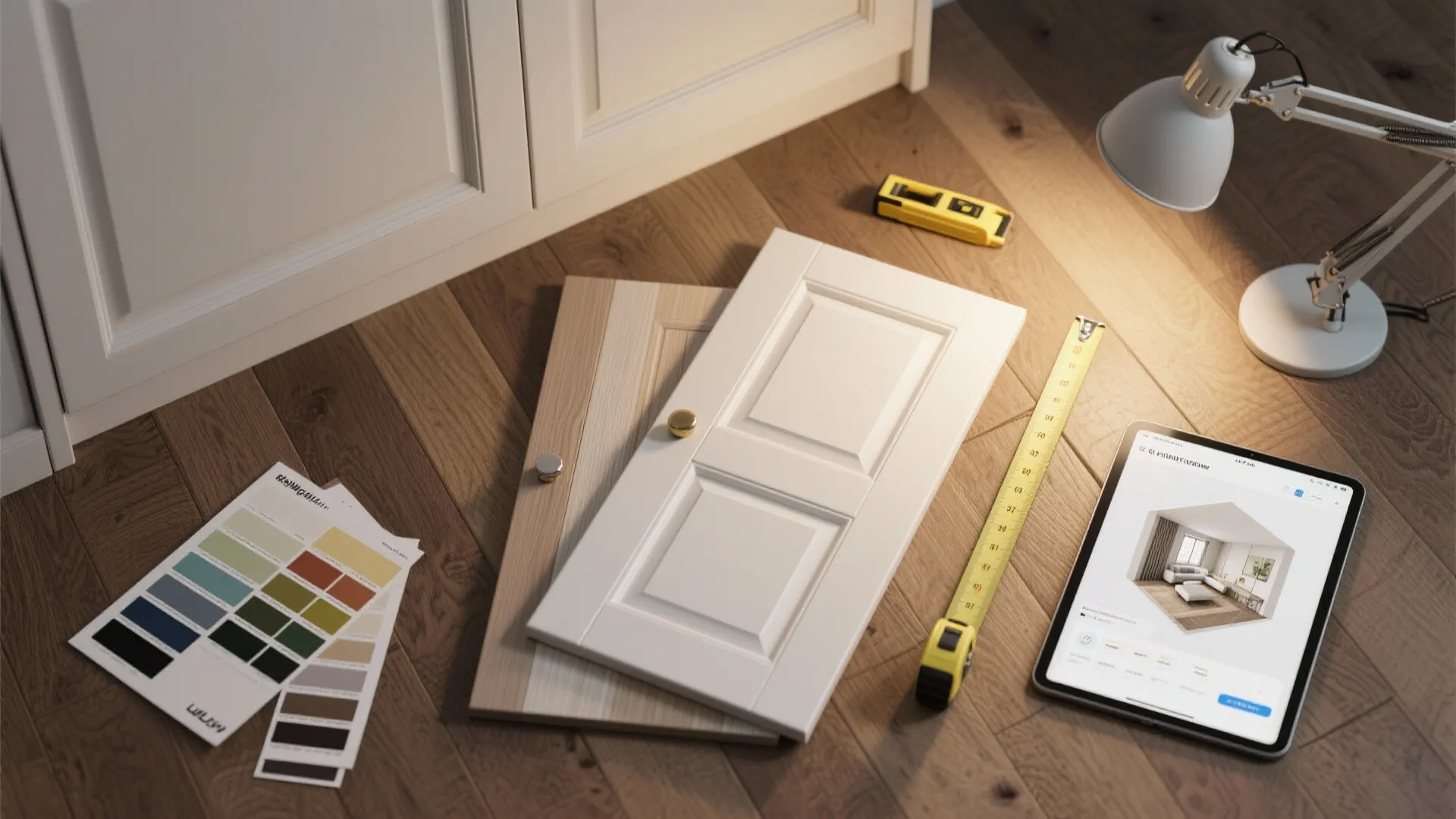 Top-down flatlay of cabinet door samples next to floor plank and a tablet showing a room planner