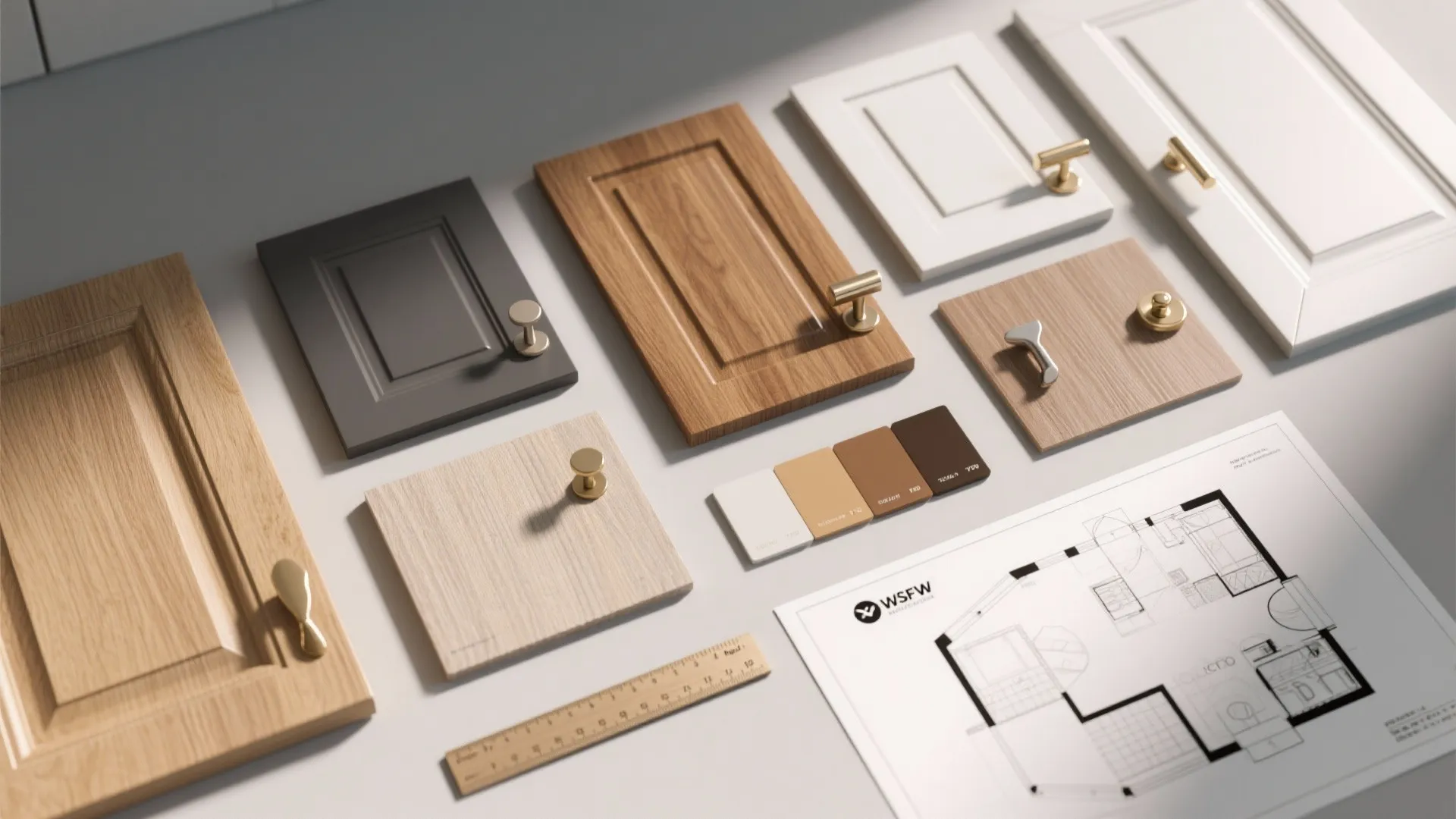Wood and white cabinet door samples with gold handles next to a house floor plan
