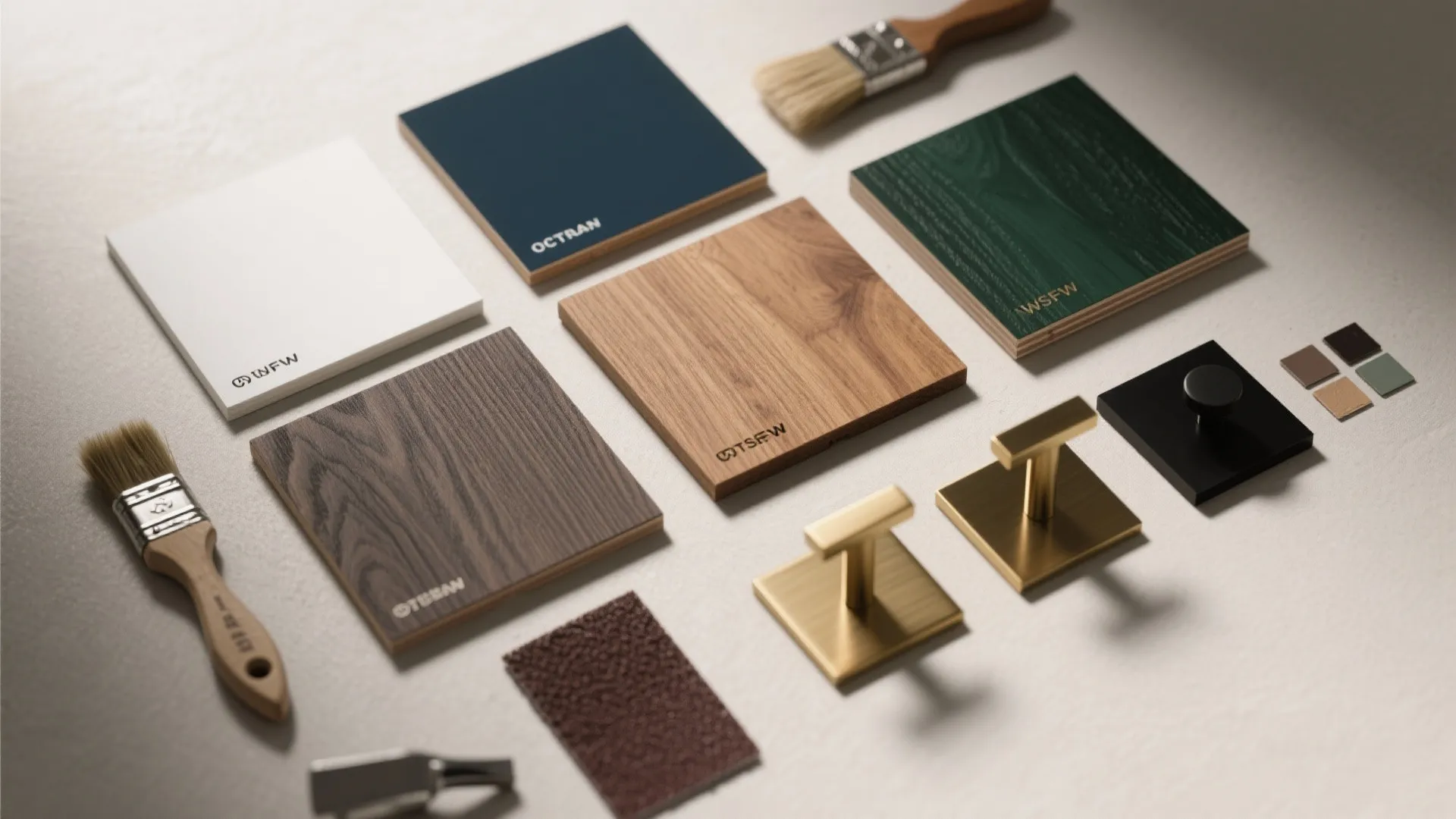 Interior design material samples including wood tiles paint colors gold handles and small wood brushes