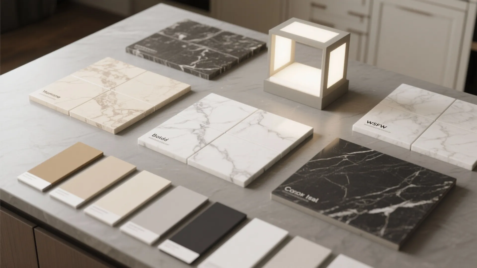 Flatlay of quartz samples and cabinet paint swatches for visualizing pairings