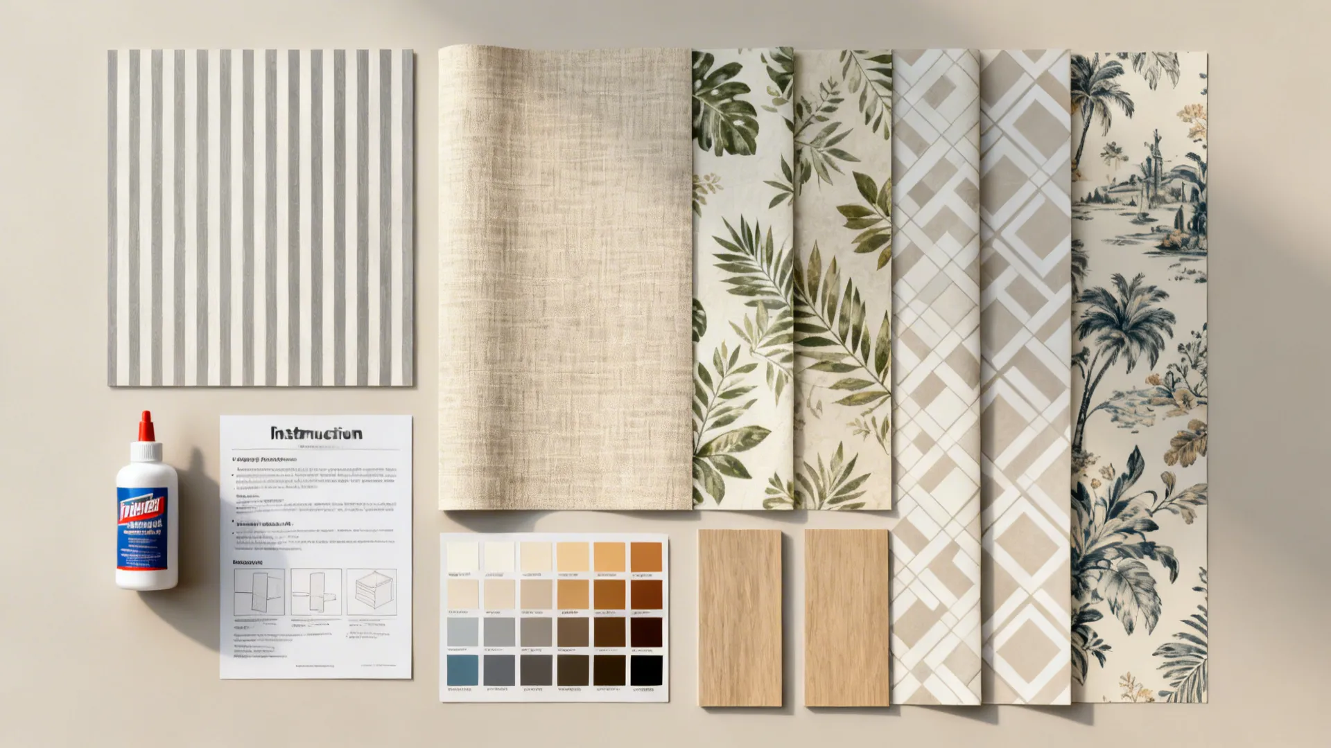 Flatlay of peel-and-stick wallpaper samples, adhesive remover, and color chips for planning and FAQs.