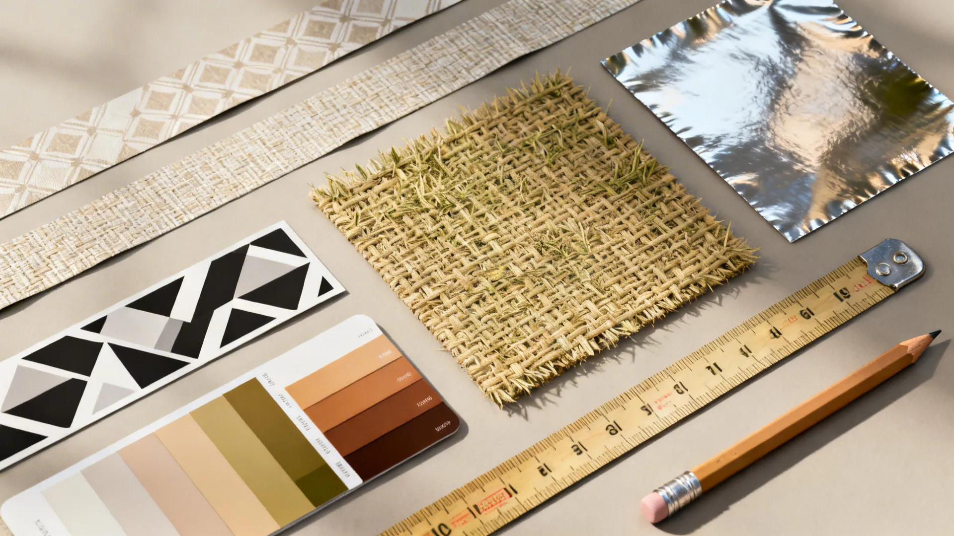 Top-down flatlay of various wallpaper samples, swatches and color cards for planning an accent wall.