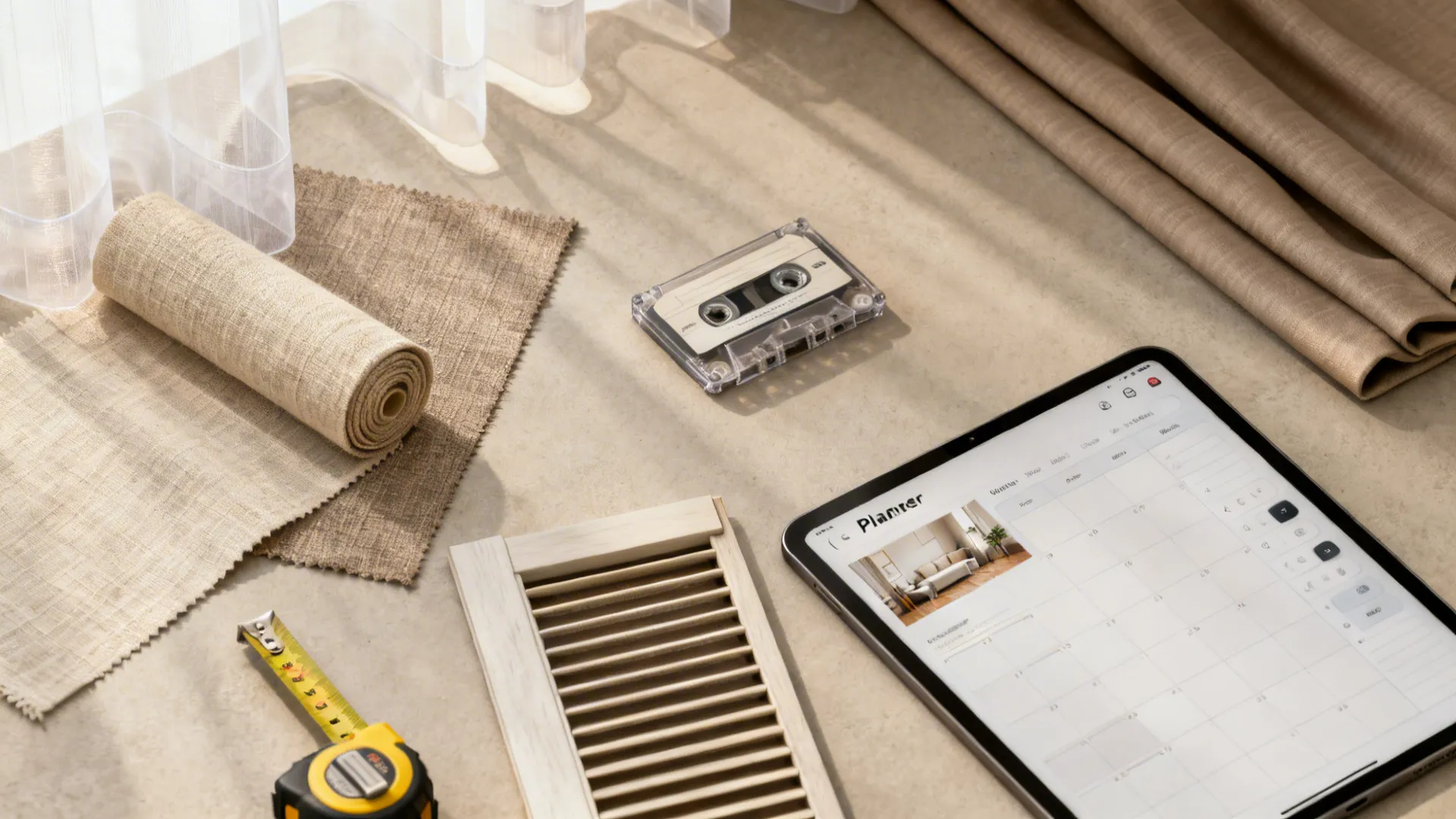Flatlay of fabric swatches, roller cassette sample, shutter slat and a tablet with a room planner UI.