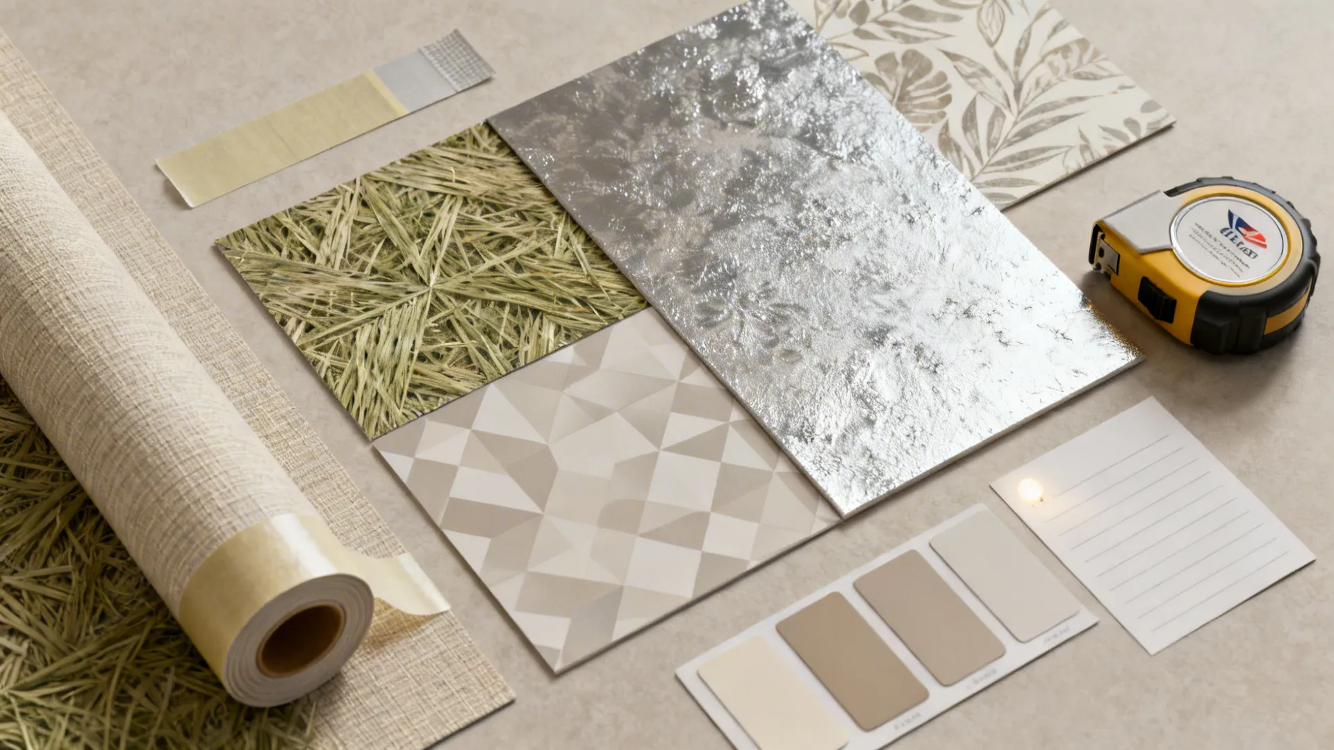 Flatlay of wallpaper samples and tools including geometric, grasscloth, metallic and mural swatches with sample tools.
