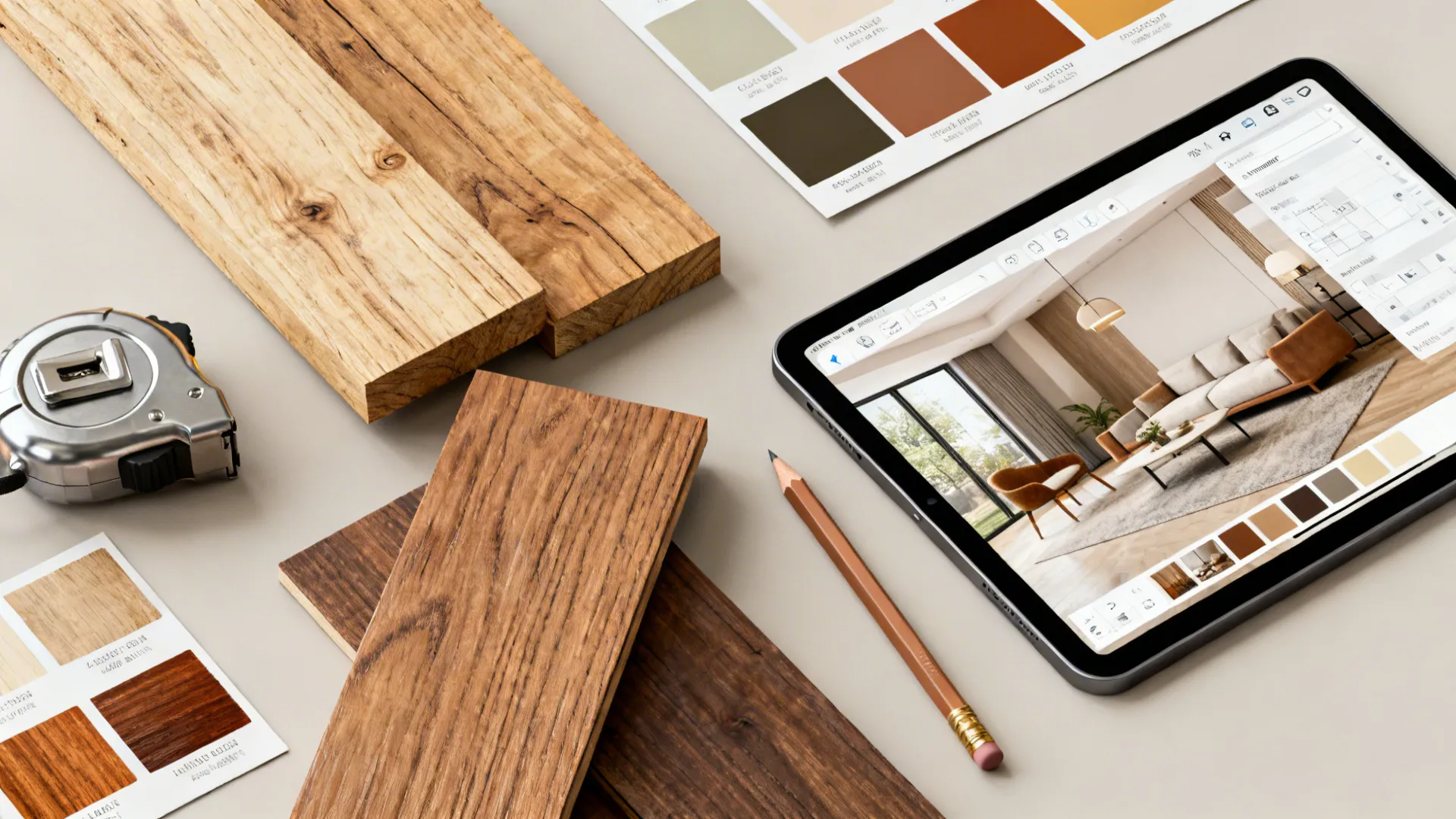 Flatlay of wood plank samples, stain swatches and a tablet showing a 3D floor planner.