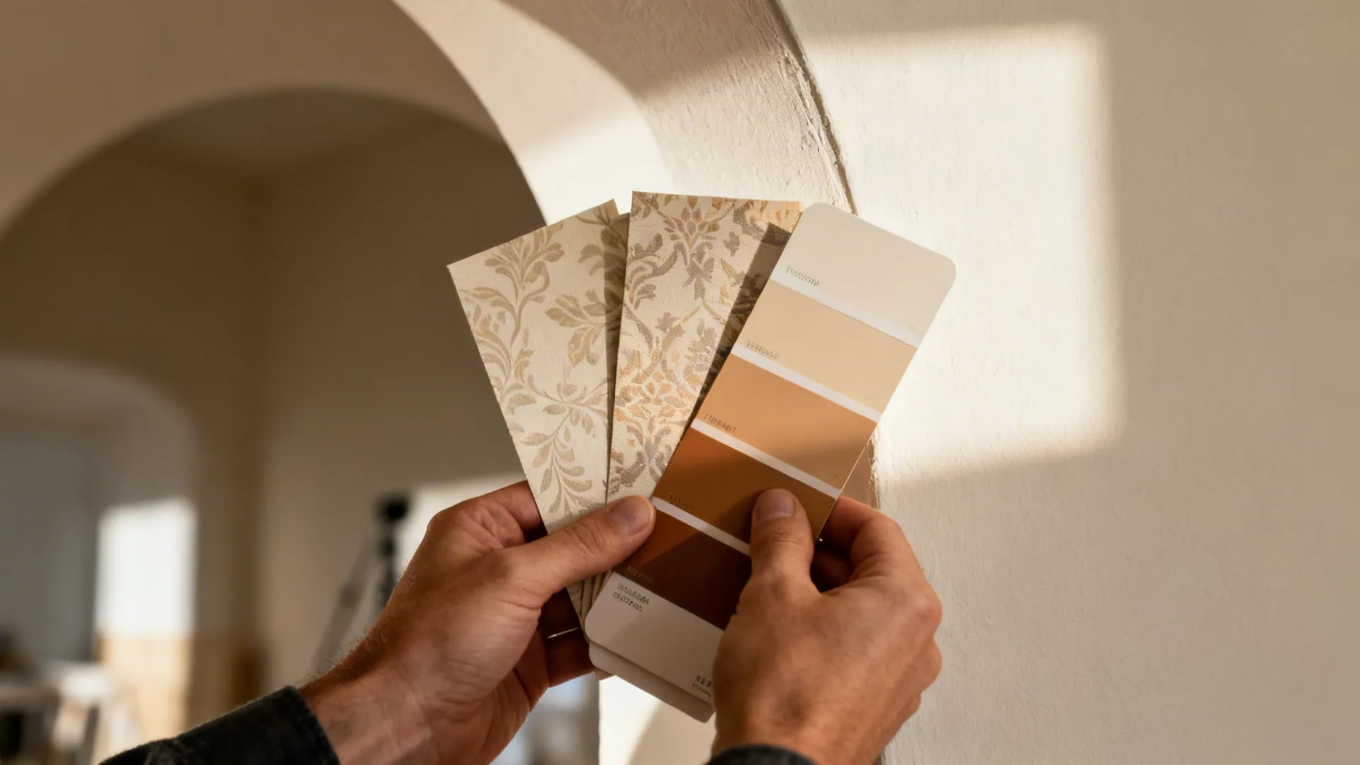 Hands holding patterned wallpaper samples and brown color palette cards against a neutral white wall background