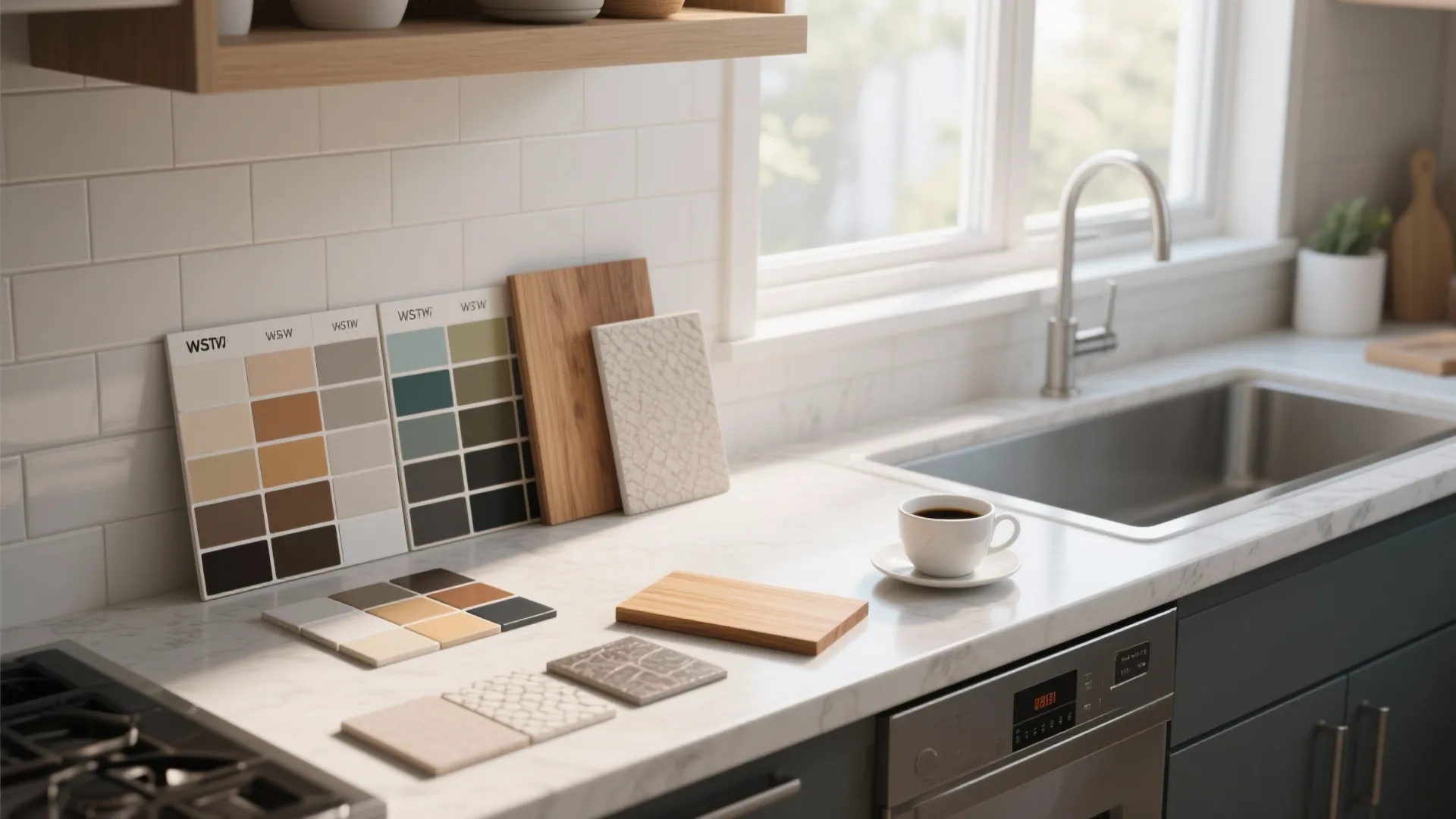 Paint and fabric samples laid out on a kitchen counter beside tile and wood samples