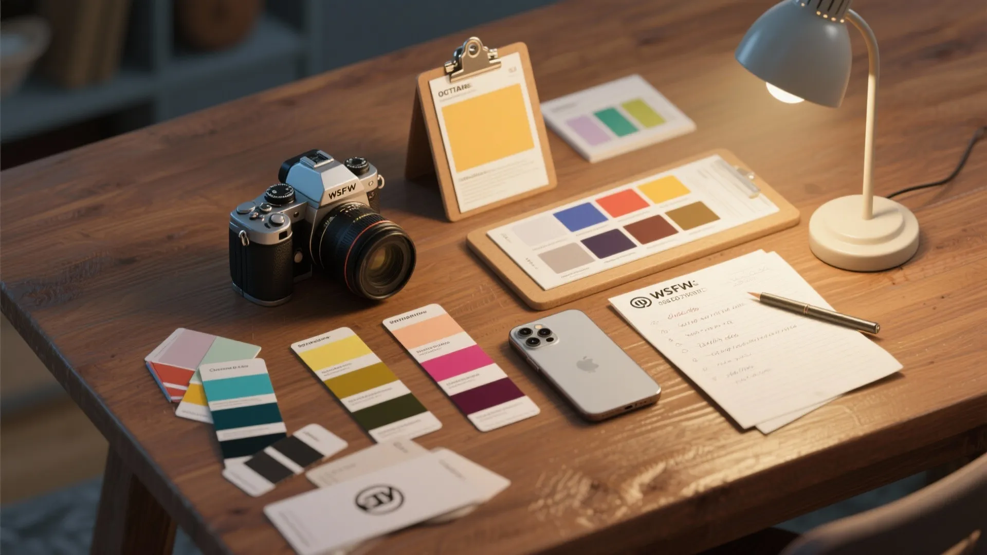 Flatlay of paint sample cards, a phone camera, a small poster board and notes for testing paint colors.