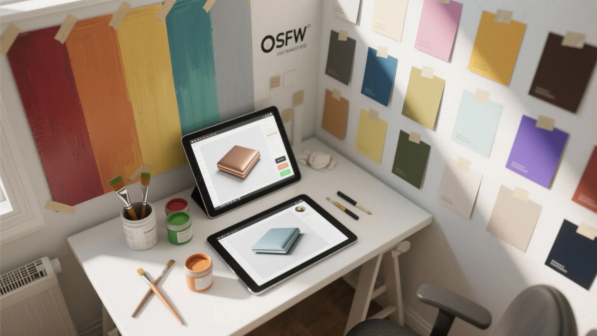 Designer workspace with two tablets showing furniture designs surrounded by colorful wall paint color samples