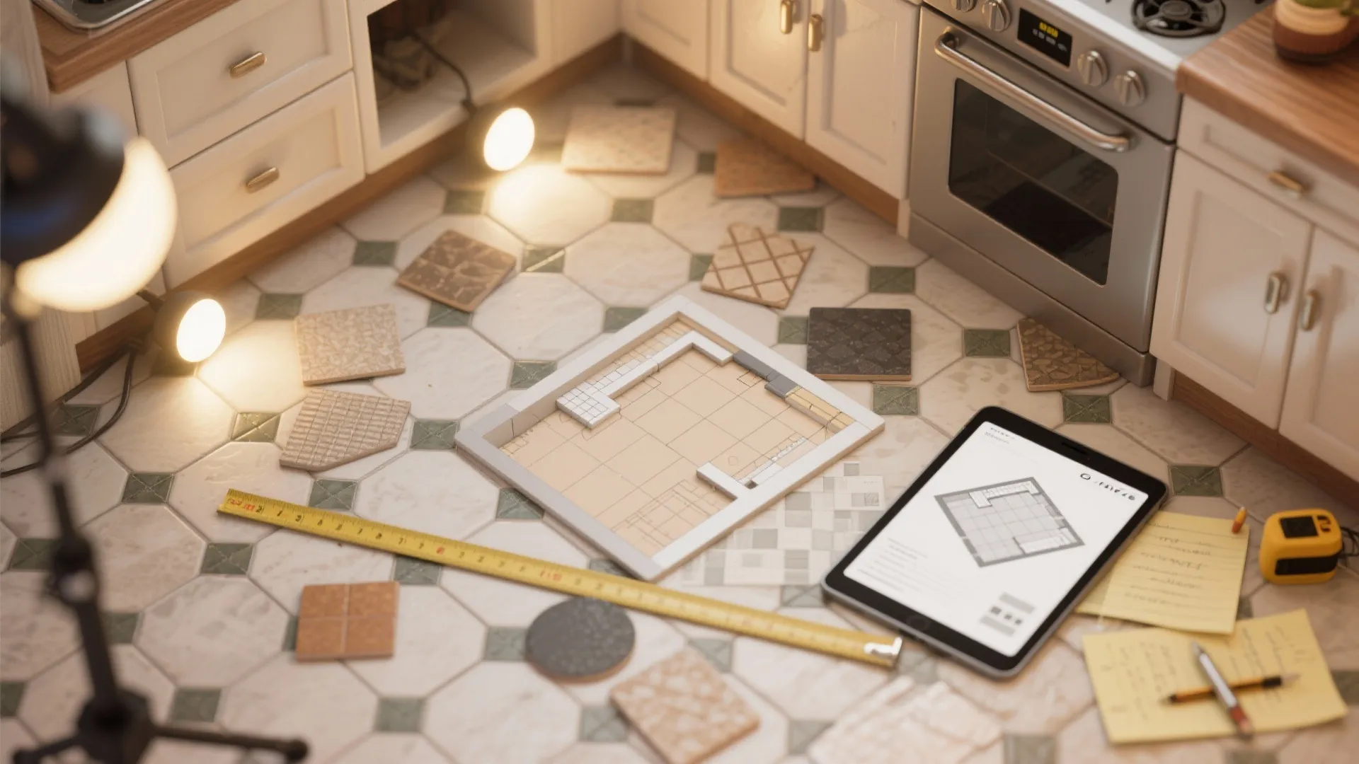 Tile samples arranged on a kitchen floor with a tablet showing a 3D planner